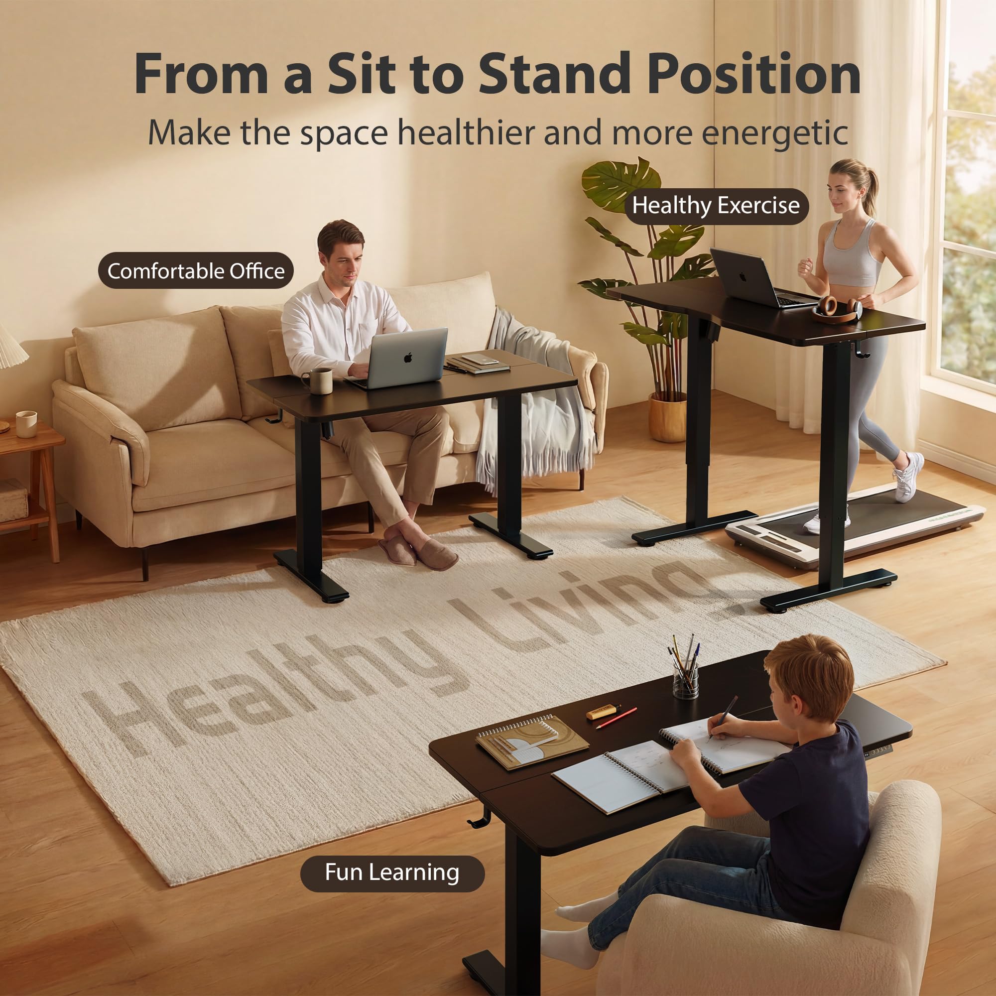 Standing Desk, 55x28 Inches Sit Stand Home Office Desk, Electric Stand up Desk, Adjustable Desk with Splice Board, Black Frame/Black Top