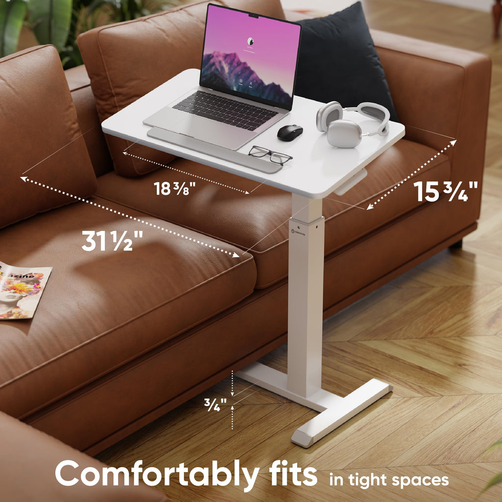 Laptop Cart on Wheels, max Load 17.6 lbs, Small Rolling Table with Hidden Wheels, Mobile Standing Desk Adjustable Height, 90° Tilting Portable Workstation, Overbed Bedside Desk White