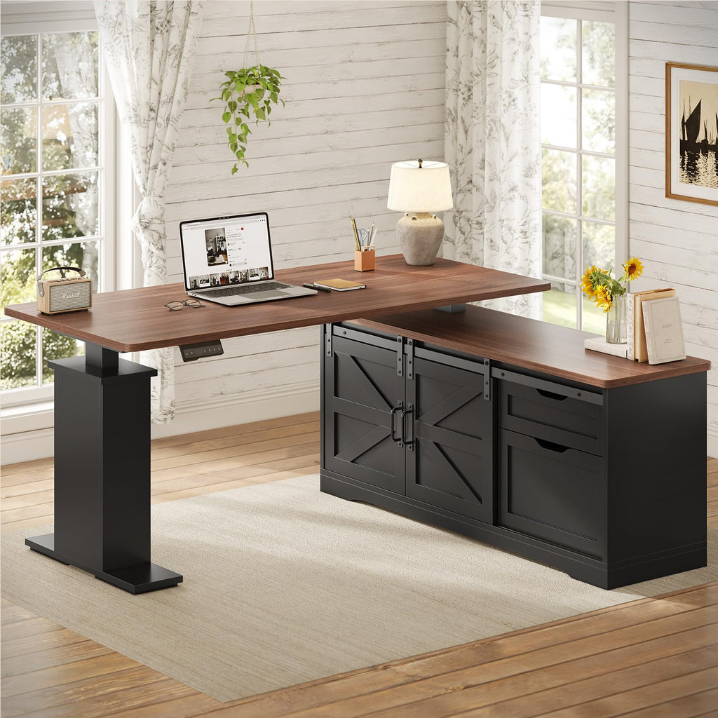 Farmhouse L Shaped Standing Desk, 55 inch Height Adjustable Corner Desk with Storage Drawers, Standing Computer Desks with Power Outlets for Home Office, Black