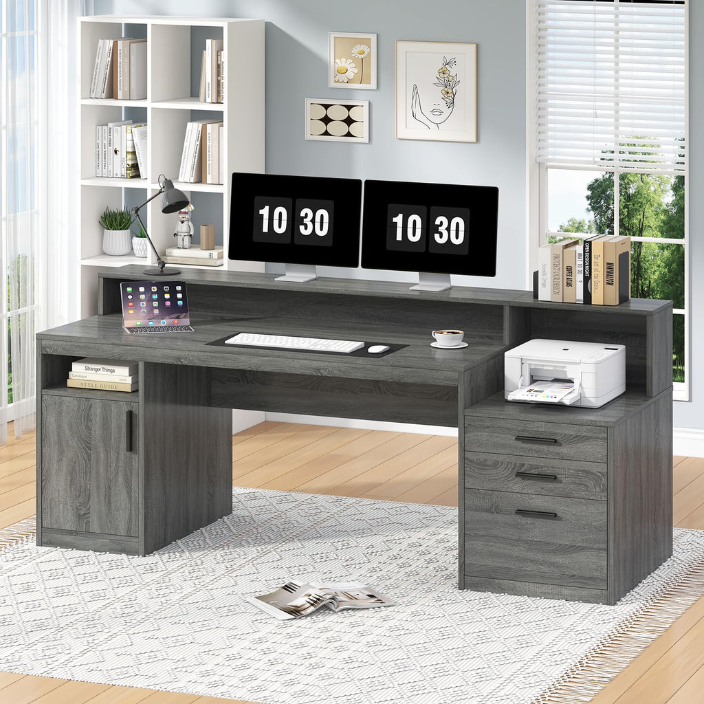 Computer Desk with 3 Drawers & Storage Shelves, 65 Inch Home Office Desk with File Drawer & Cabinet, Writing Study Desks with Monitor Stand & Printer Shelf, Dark Grey