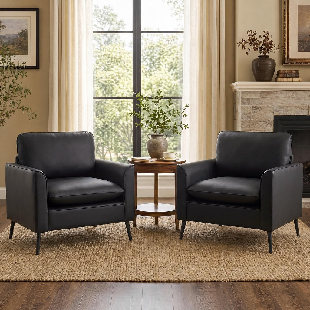 Accent Chairs Set of 2, Black Faux Leather Chairs, Mid Century Modern Comfy Living Room Chairs, Cozy Office Reading Chair, Reception Armchairs for Bedroom, Waiting Room