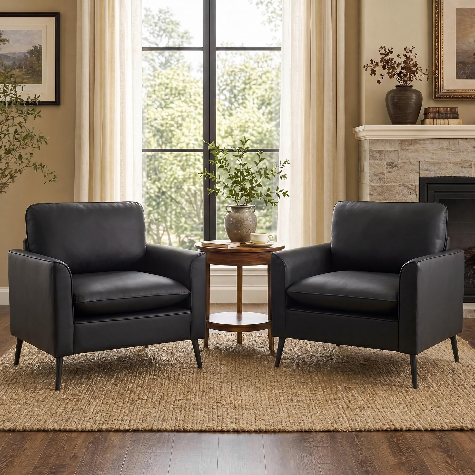 Accent Chairs Set of 2, Black Faux Leather Chairs, Mid Century Modern Comfy Living Room Chairs, Cozy Office Reading Chair, Reception Armchairs for Bedroom, Waiting Room