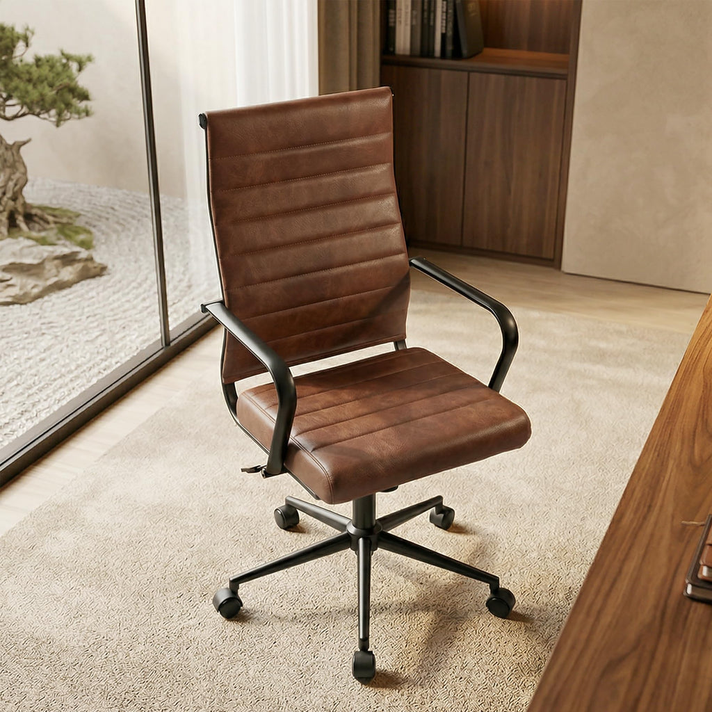 Leather Office Desk Chair, Mid-Century Modern Leather Conference Room Chairs, Ergonomic Executive Ribbed Height Adjustable Swivel Rolling Chair for Home Office.