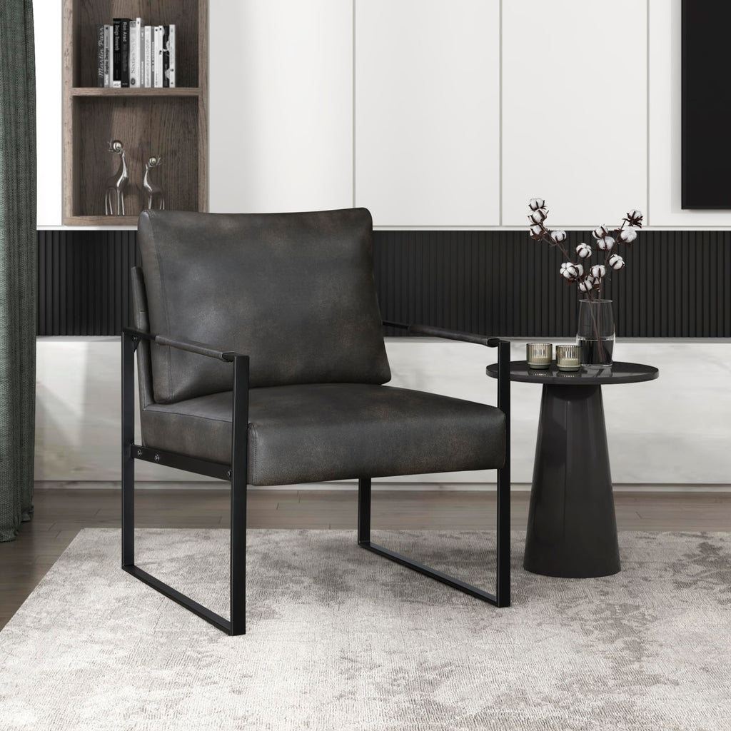 Modern Accent Chair, Faux Leather Upholstered Chair With Wrapped Armrests,Arm Chair With Black Metal Frame,Comfy Single Chair For Living Room/Bedroom/Reading Room/Office,Dark Brown