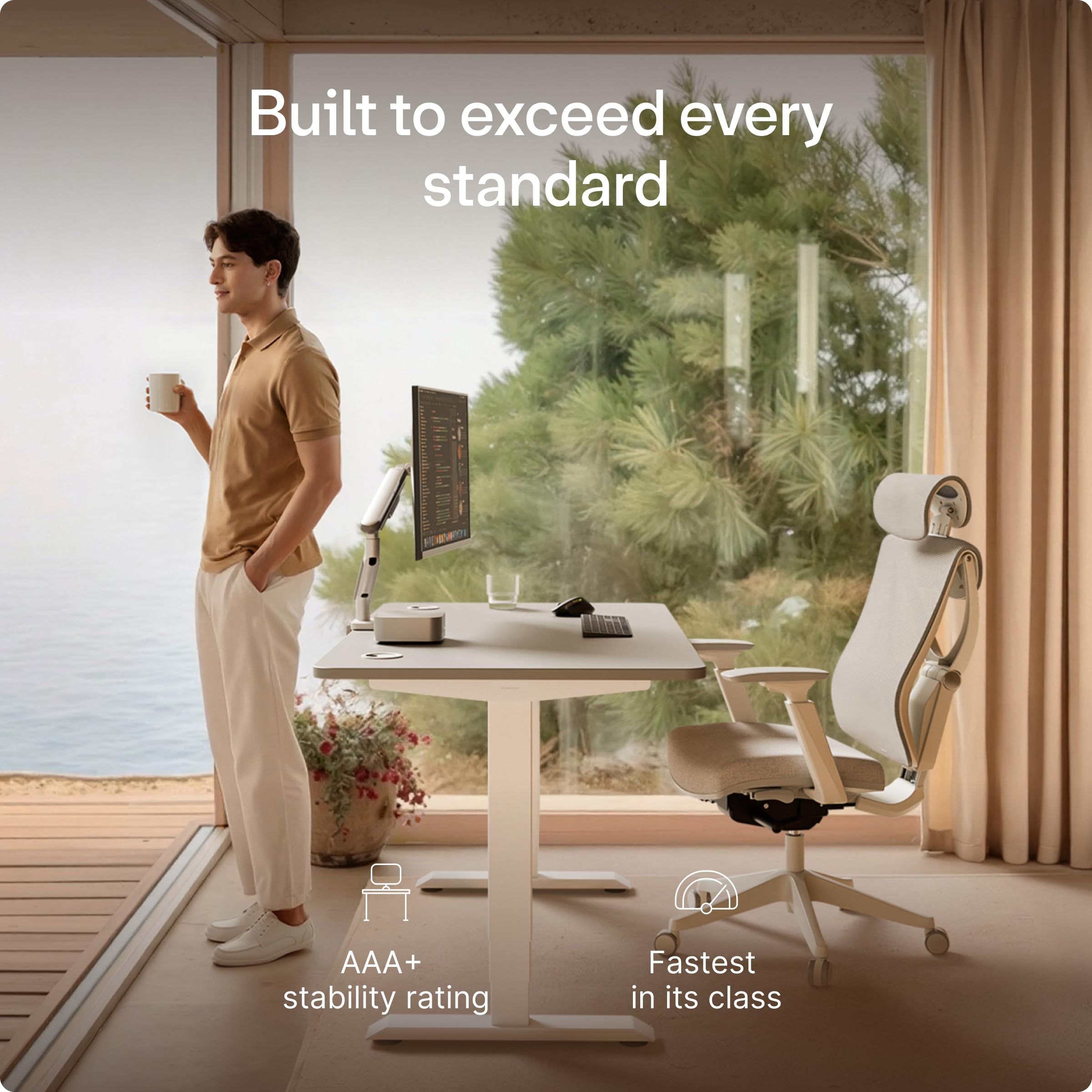 Standing Desk 48x24 — Made in Europe, Ergonomic Sit Stand Home Office Desk, Electric Height Adjustable, Dual Motor, USB & USB-C Charging, Wobble-Free, Touchscreen, 3 Memory Presets