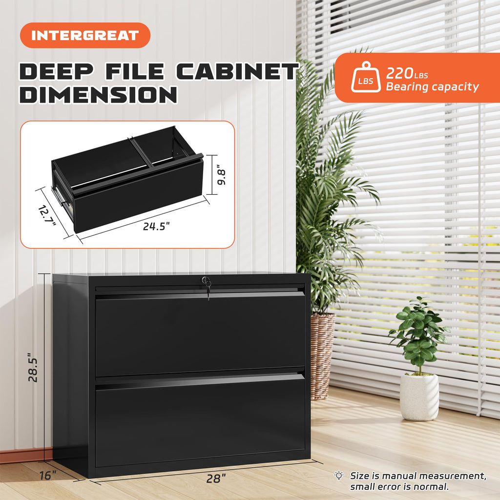 Lateral File Cabinet 2 Drawer, Black Metal File Cabinets for Home Office, Locking File Cabinet for Letter/Legal/F4/A4 Size, Easy Assembly