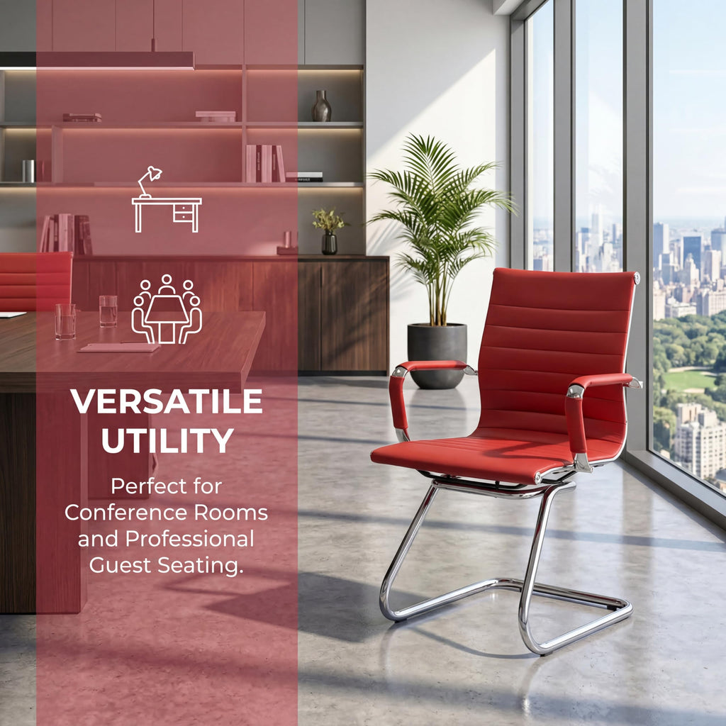 Office Desk Chair Set of 4,No Wheels PU Leather Computer Chairs Mid Back Guest Chairs with Seld Base for School/Reception/Conference/Waiting Room, Burgundy Red