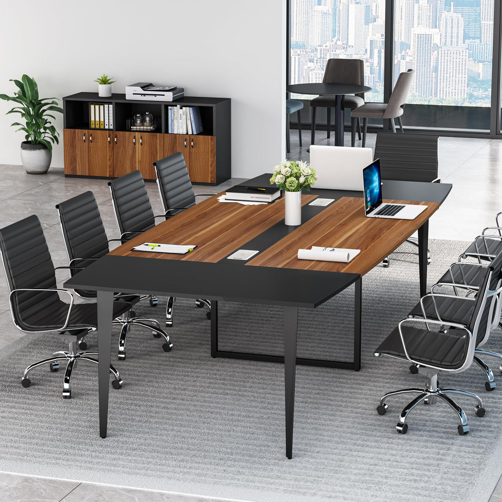 8FT Conference Table, 94.48L x 47.24W x 29.52H Inches Boat Shaped Meeting Table with Rectangle Grommet, Modern Seminar Boardroom Table for Office Conference Room (8ft, Walnut & Black)