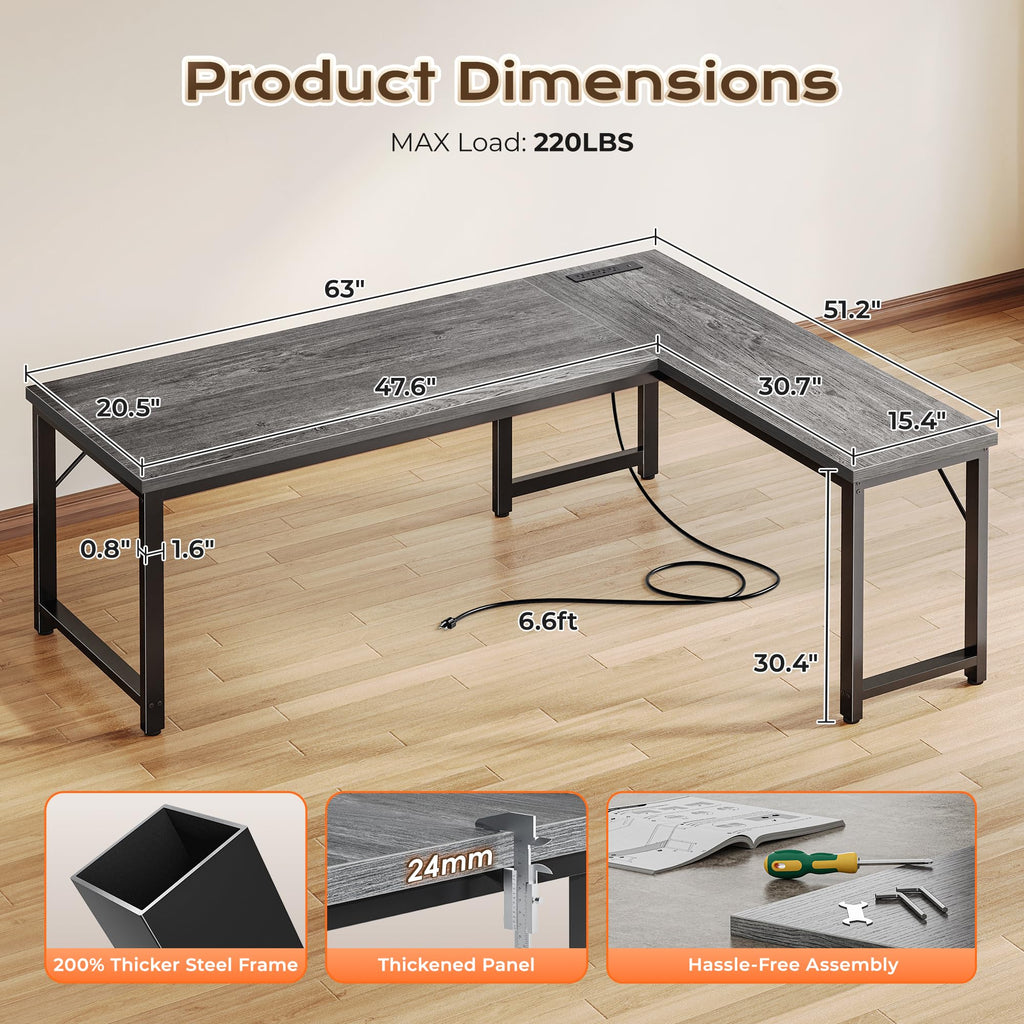 63 Inch L Shaped Desk with Power Outlets and USB-C Port, Reversible Computer Desk, Larger Office Corner Gaming Desk, 0.95 Inch Thicker Desktop, Metal Frame, for Home Office, Study, Grey