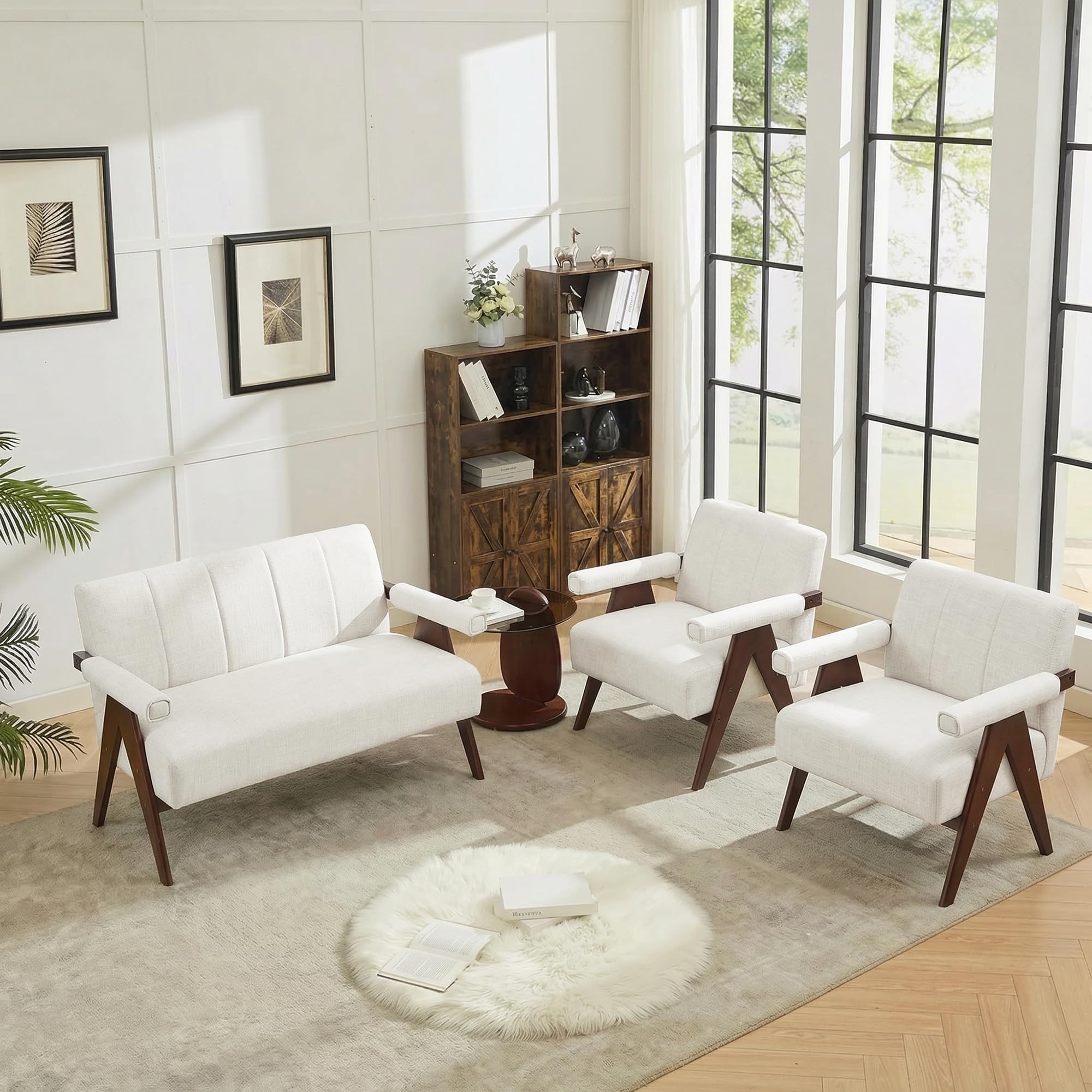 Mid Century Modern Accent Chair Set of 2, Solid Wood Frame White Linen Armchairs, Modern Reading & Living Room Chairs for Office Guest & Waiting Room