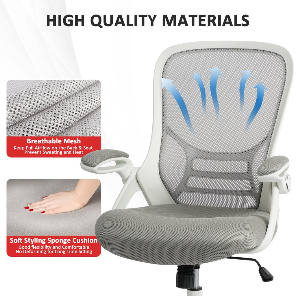 Office Chair Ergonomic Chair with Flip up Armrests, Thickened Seat Computer Chair with Breathable Mesh Back Home Office Computer Chairs for Long Hours Mesh Office Chair(Grey)