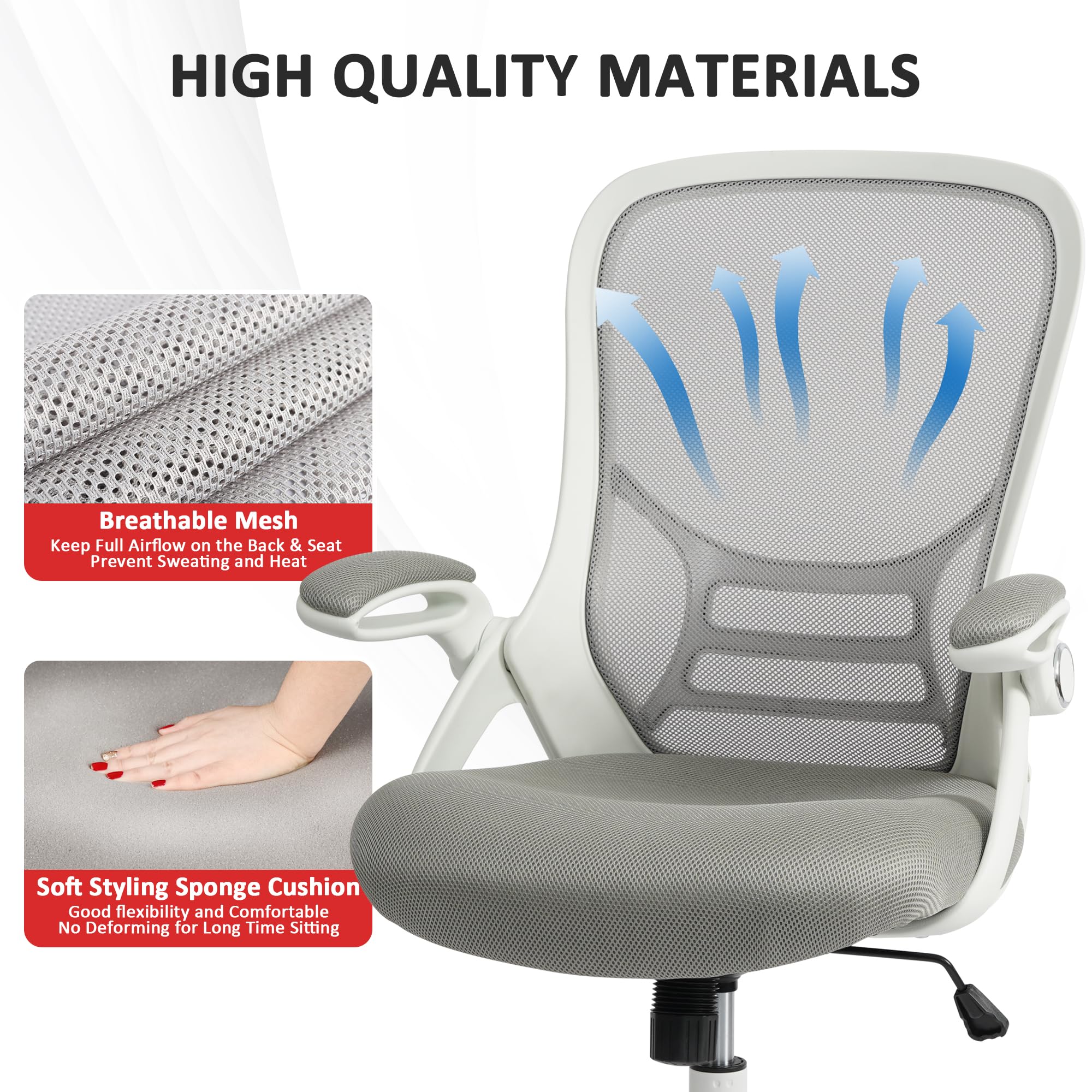 Office Chair Ergonomic Chair with Flip up Armrests, Thickened Seat Computer Chair with Breathable Mesh Back Home Office Computer Chairs for Long Hours Mesh Office Chair(Grey)