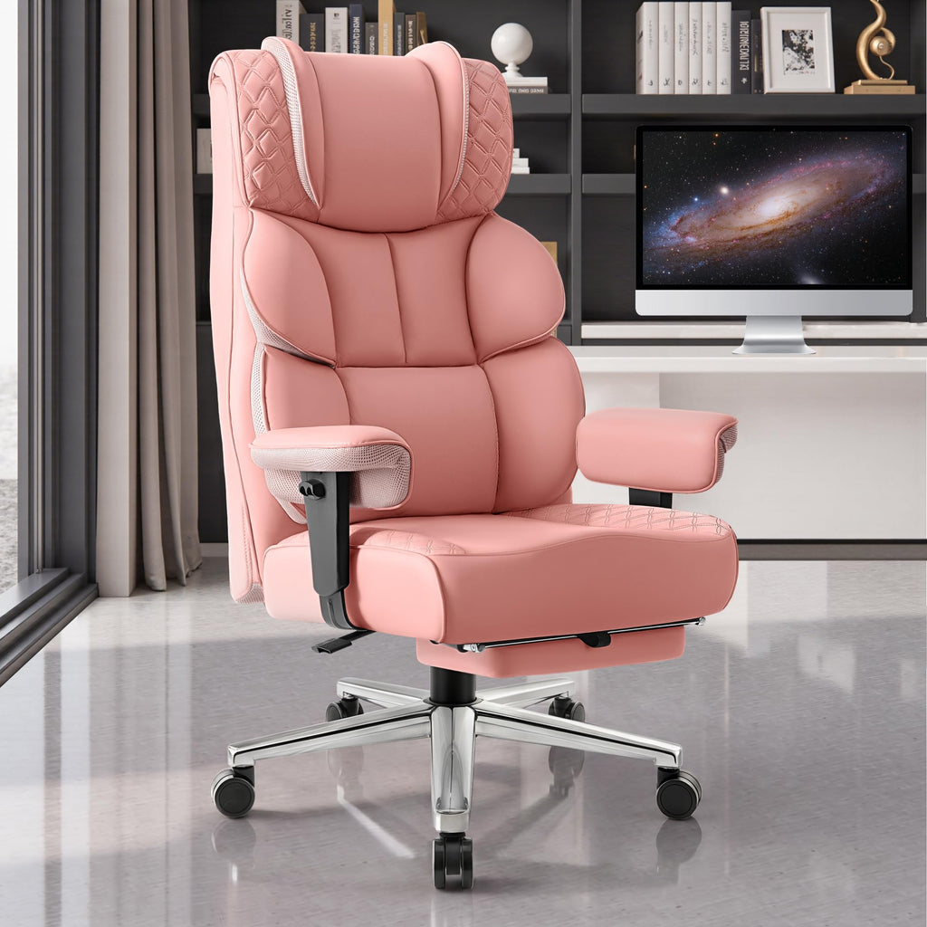 Office Desk Chair, Big and Tall Leather Gaming Chair with Footrest, Ergonomic Comfy Executive High-Back Reclining Computer Chairs, Wide Swivel Rolling Wheels and Padded Lumbar Support, Pink