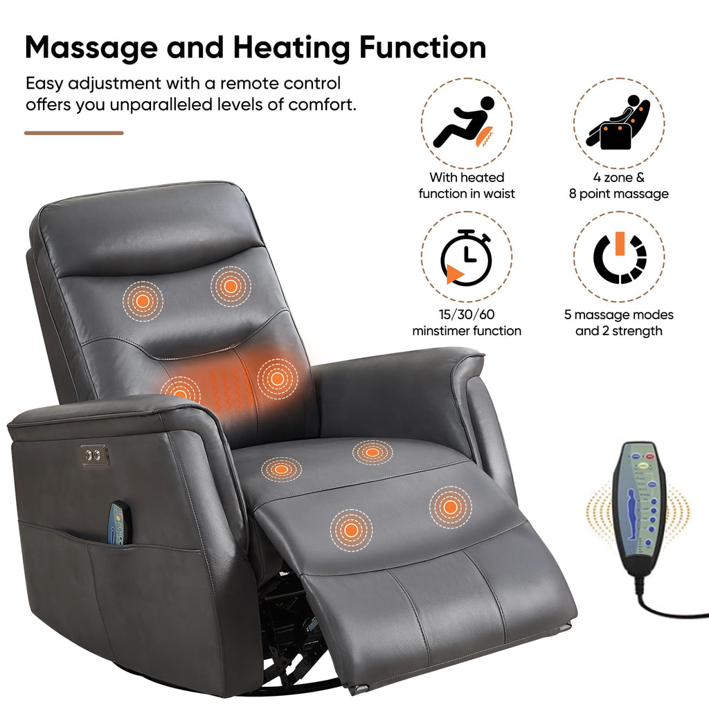 Recliner Chair for Adults, Power Faux Leather Rocker Recliner Massage and Heat, Oversized Swivel Reclining Nursery Chair with USB Ports for Living Room, Office Grey