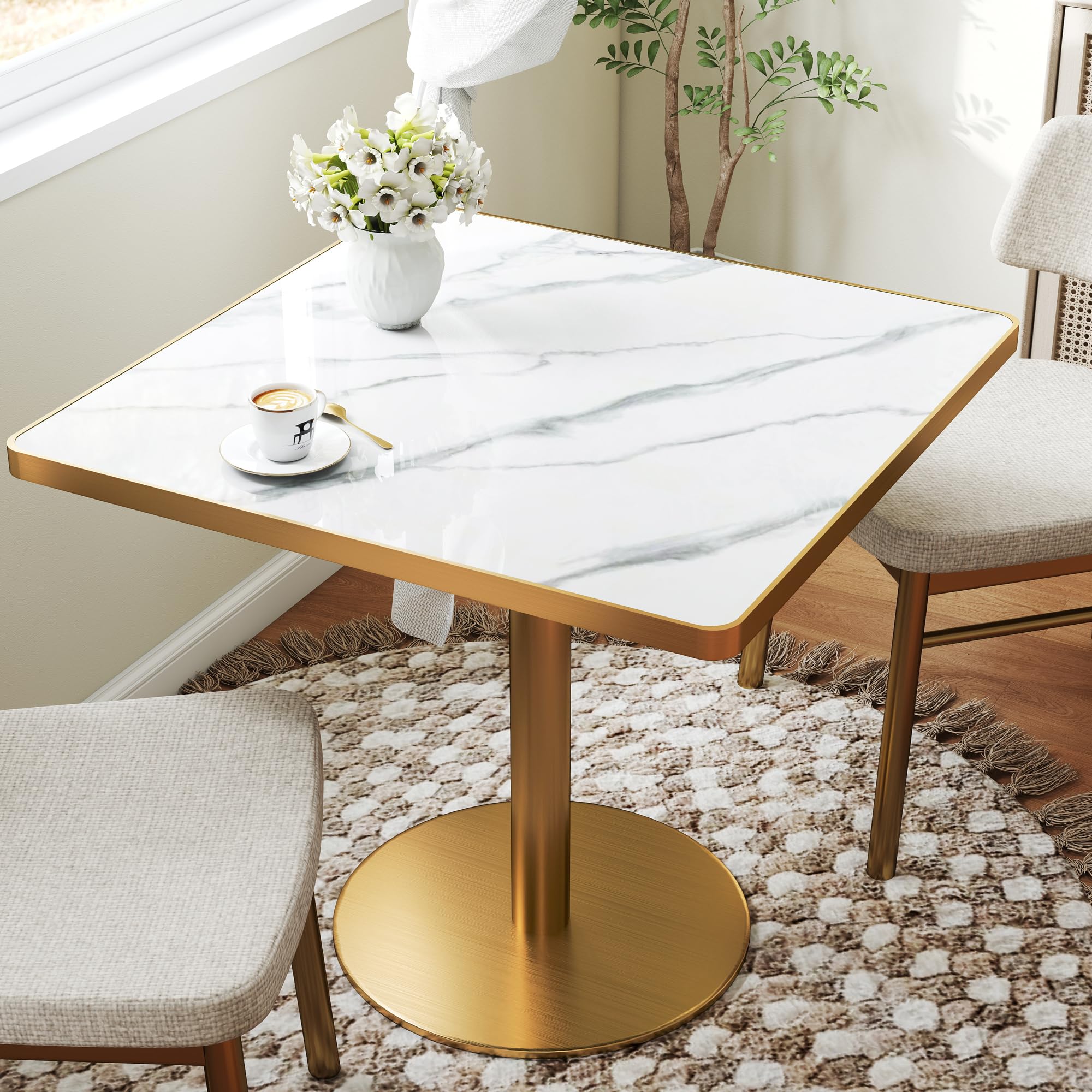 hausway 31.5" Tulip Table,Square Kitchen Dining Table for 2-4 with Thick Sintered Stone Top,Titanium Golden Pedestal Base,Heat-Resistant,Bistro Table for Dining Room,Café,Small Space（Flowing Traces）