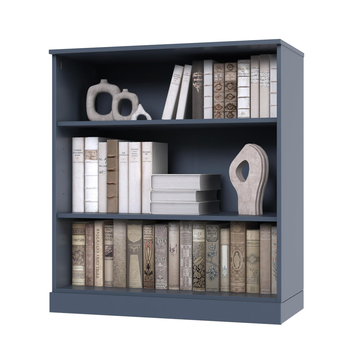 Solid Wood Bookcase - 3-Tier Bookshelf, 36" H x 32” W - Antique Blue, Modular Storage Display, Eco-Friendly Solid Wood, Made in Brazil