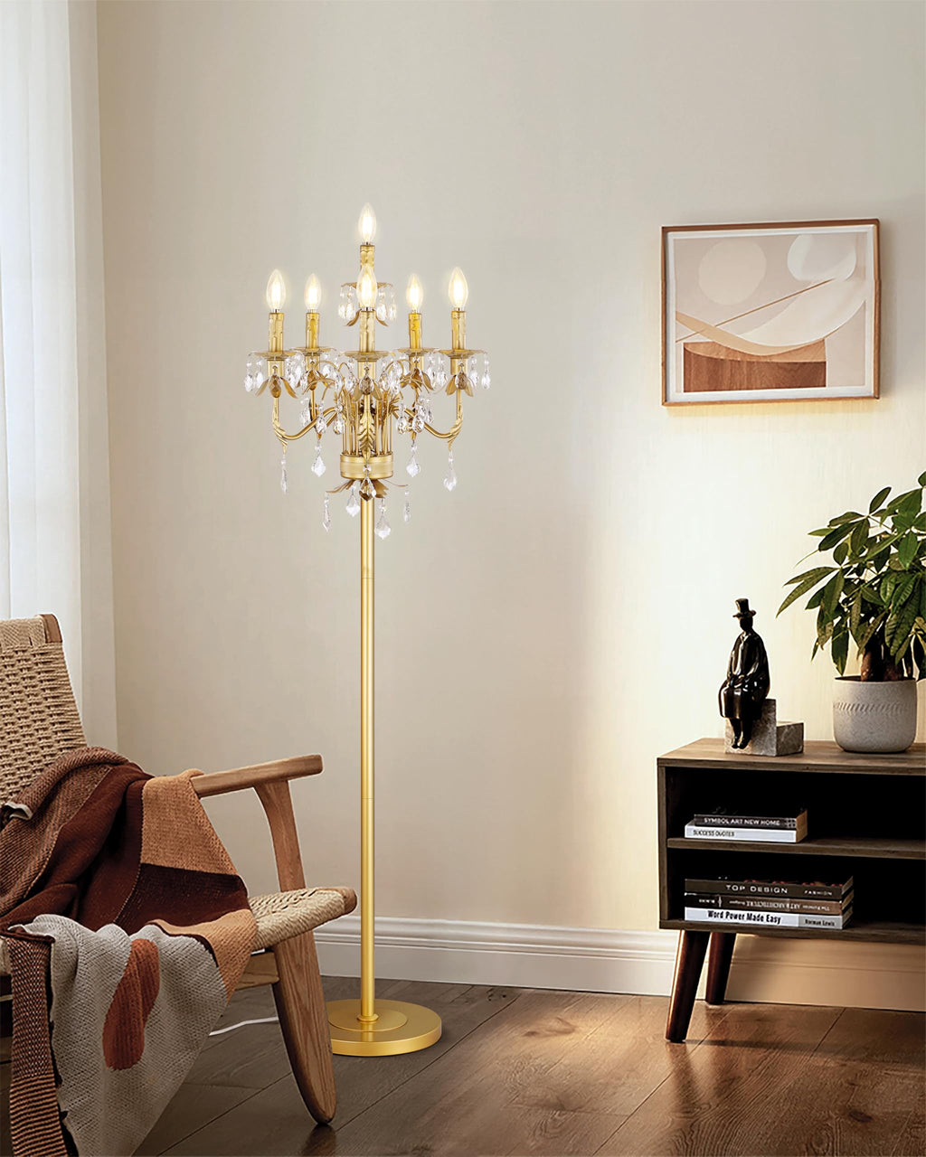Gold Crystal Floor Lamp, Tall Vintage Standing Living Room Lamp