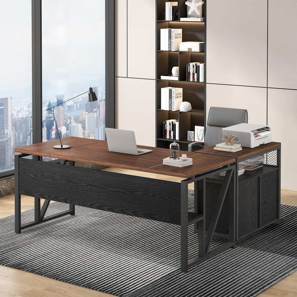 63" Executive Deskwith Drawer Cabinet, L Shaped Desk and lateral File Cabinet, 2 Piece Home Office Furniture Set with Drawers for Hanging, Doors with Locks (Dark Brown, 63 inches)