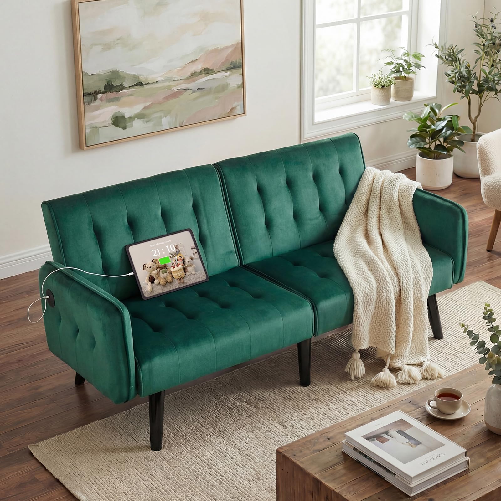 65" W Velvet Modern Convertible Folding Futon Couch Sofa Bed w/ 2 USB Charging Ports and arms, Loveseat for Office, Living Room, Apartment, Bedroom (Green)
