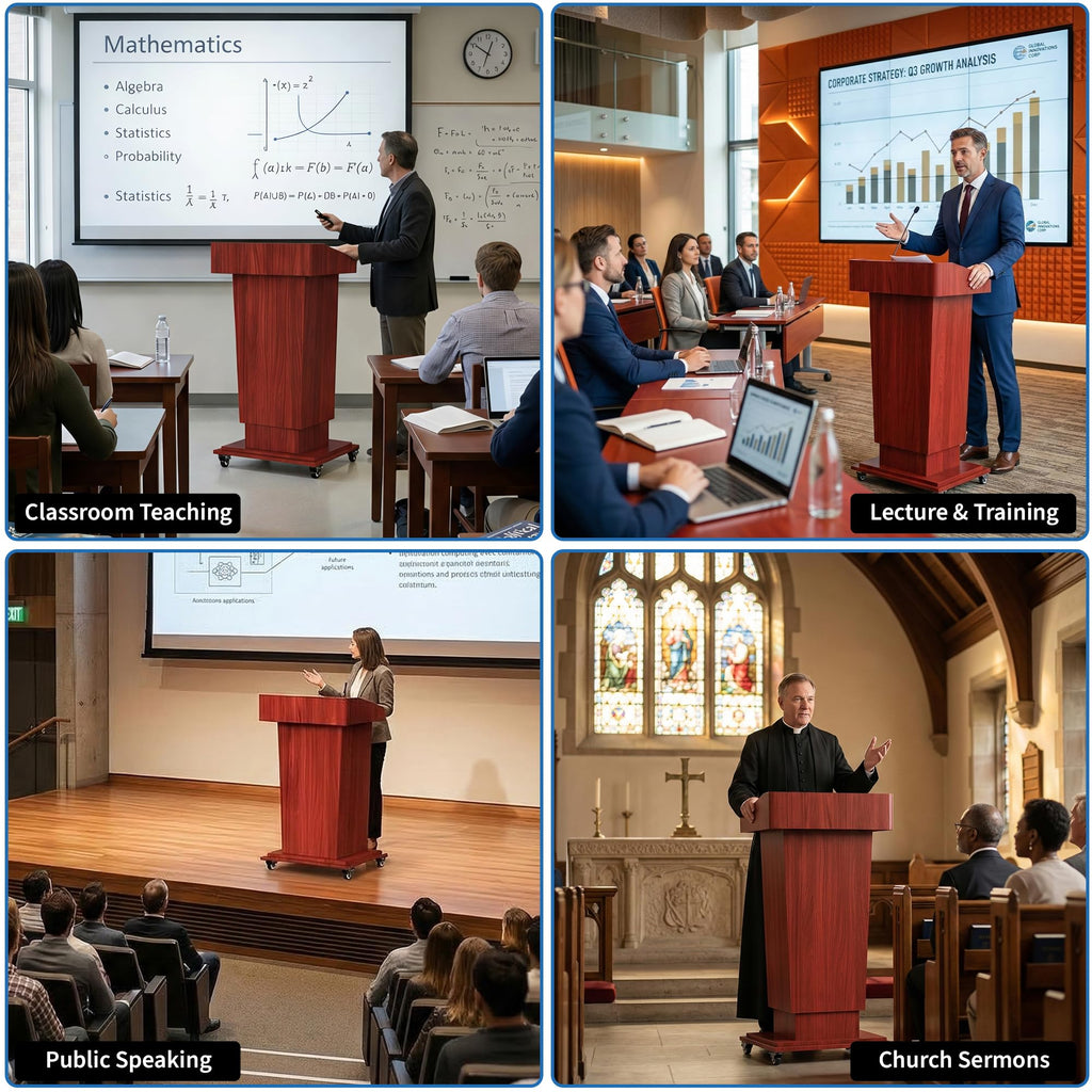 Wooden Podium Stand with Wheels, 41”–54.5” Height Adjustable Lectern, Mobile Podium with Crank Lift, Stable Base & Storage Shelf, Elegant Pulpit for Churches, Schools, Seminars and Auditoriums