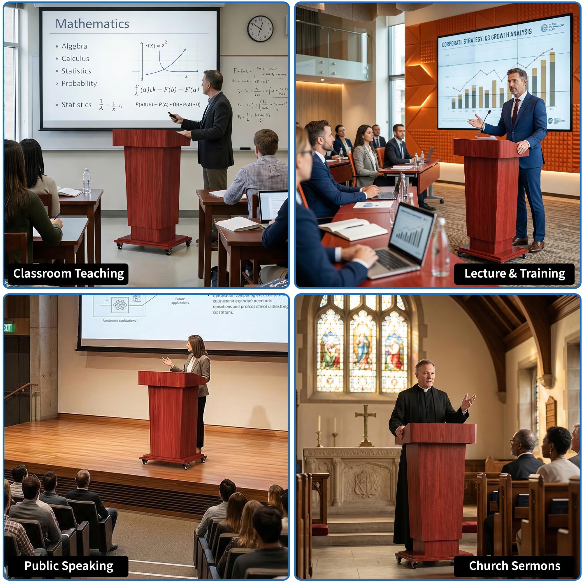 Wooden Podium Stand with Wheels, 41”–54.5” Height Adjustable Lectern, Mobile Podium with Crank Lift, Stable Base & Storage Shelf, Elegant Pulpit for Churches, Schools, Seminars and Auditoriums