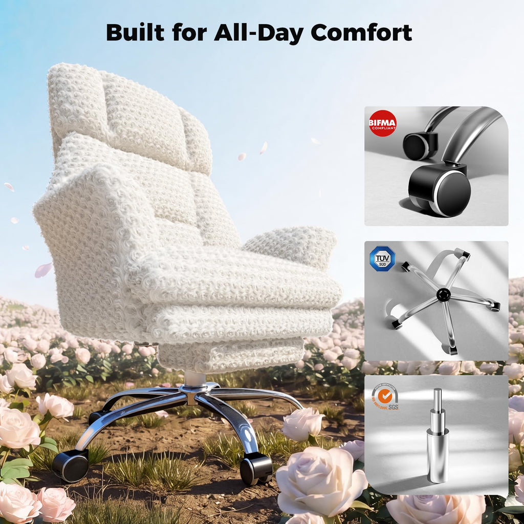 Big and Tall Office Chair, Flip Armrests for Pets & Cross Legged Sitting, Executive Ergonomic Computer Gaming Chair with Foot Rest, White Rose Velvet Wide Seat Reclining Desk Chair