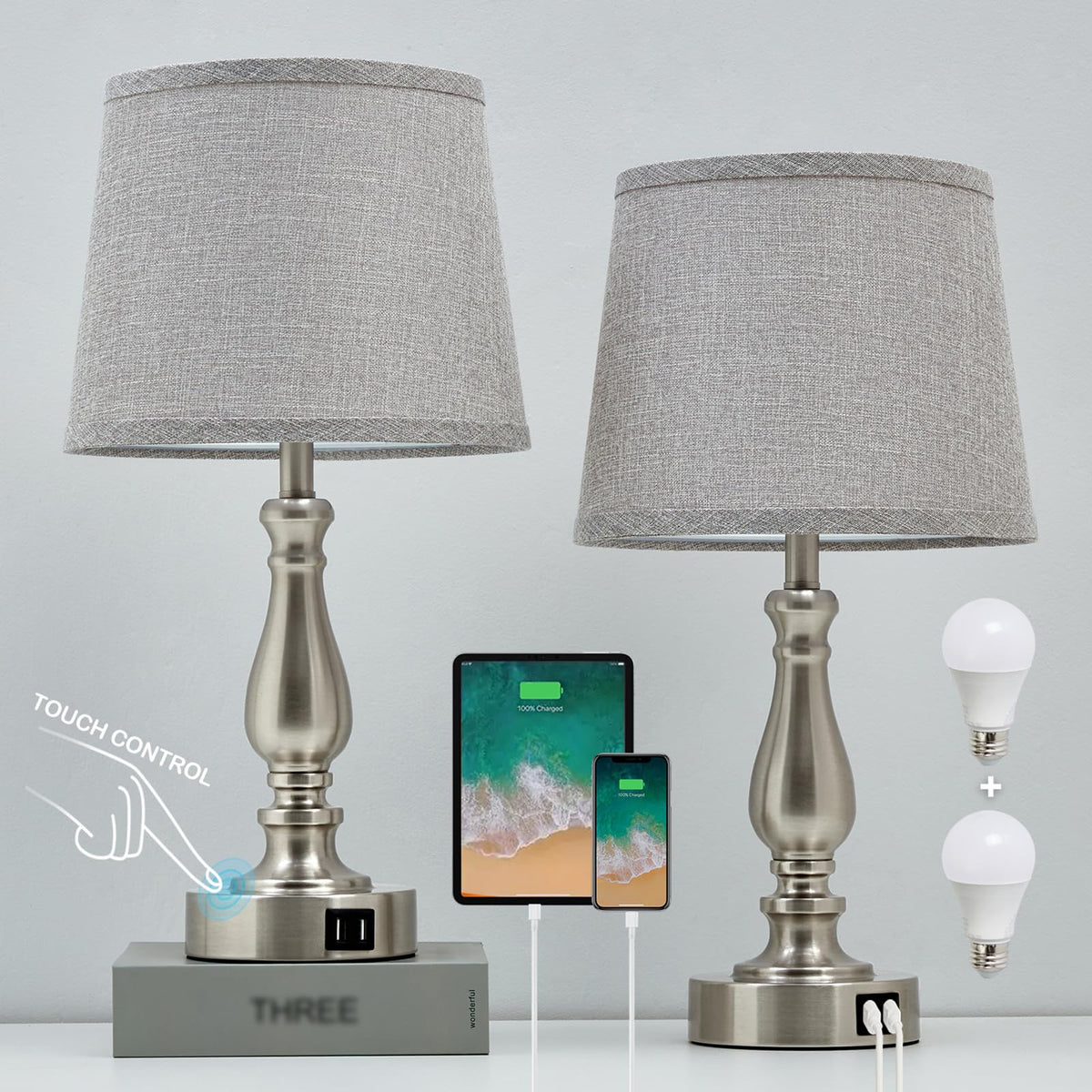 Table Lamps for Bedroom Set of 2,Dimmable Touch Bedside Lamps with Dual USB A+C Ports - Nightstand Lamp for End Table Modern Night Stand Lamps for Living Room Guest Room