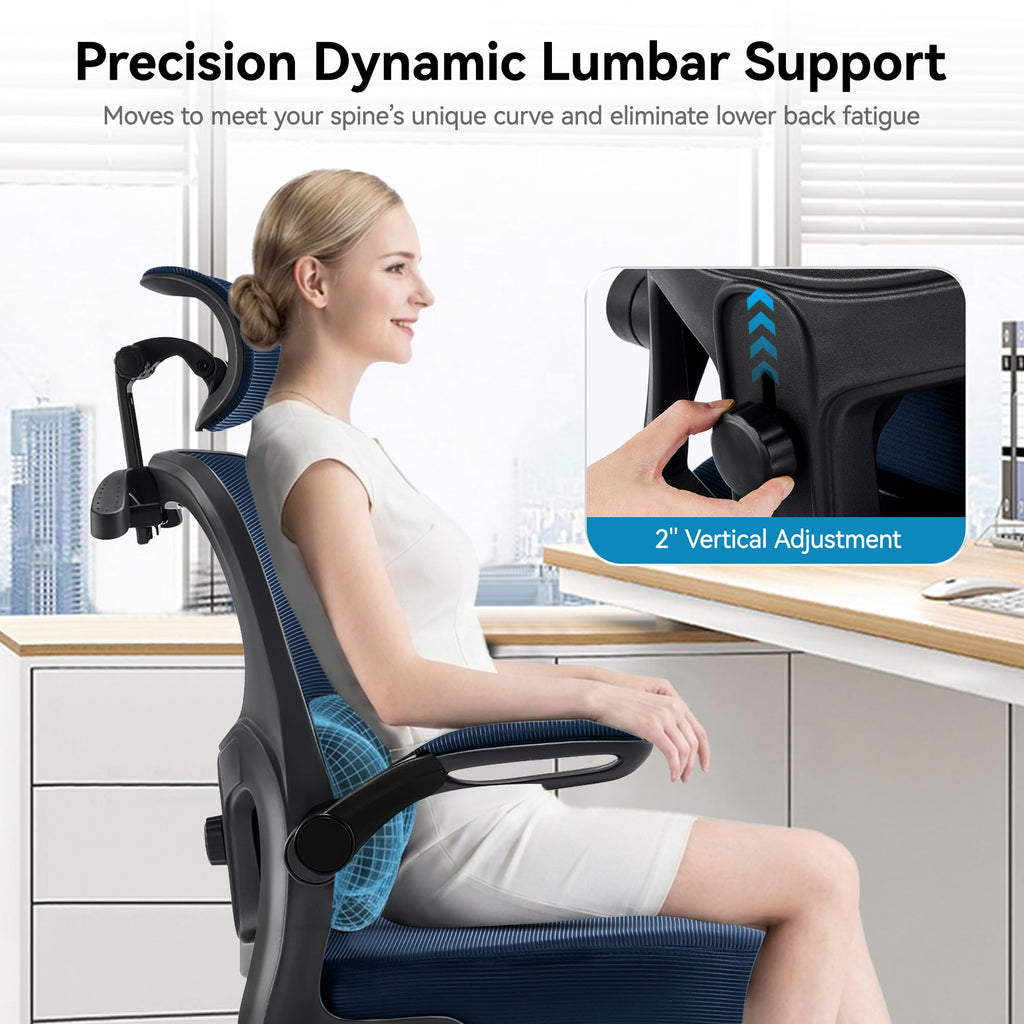 Office Chair Ergonomic Desk Chairs with Adjustable Lumbar Support& Headrest Hanger, High Back Breathable Mesh Chair with Wheels, Rolling Swivel Comfy Task Computer Chair for Home Work Gaming