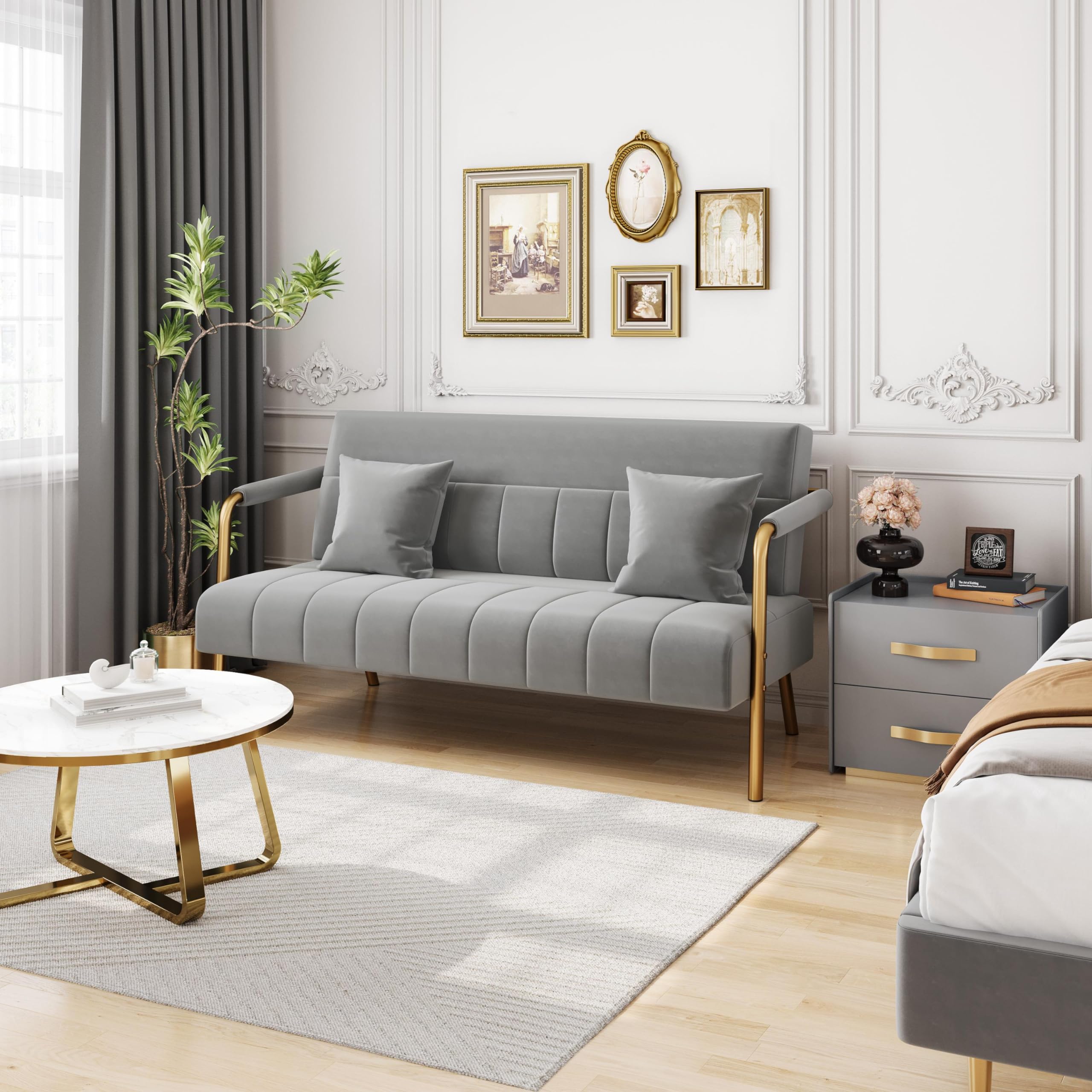 56.5" W Modern Sofa Small Sofa Luxurious Velvet Fabric Couch with Gold-Tone Metal Arms and Legs for Living Room, Office, Studio Light Gray