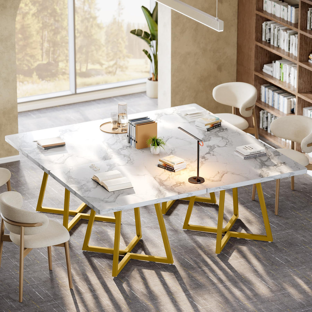 31.5" Square Conference Table Set of 6, 8 ft Industrial Office Meeting Table for 8-10 People, Business Podcast Furniture with Metal Base for Small Spaces, Office Conference, White & Gold