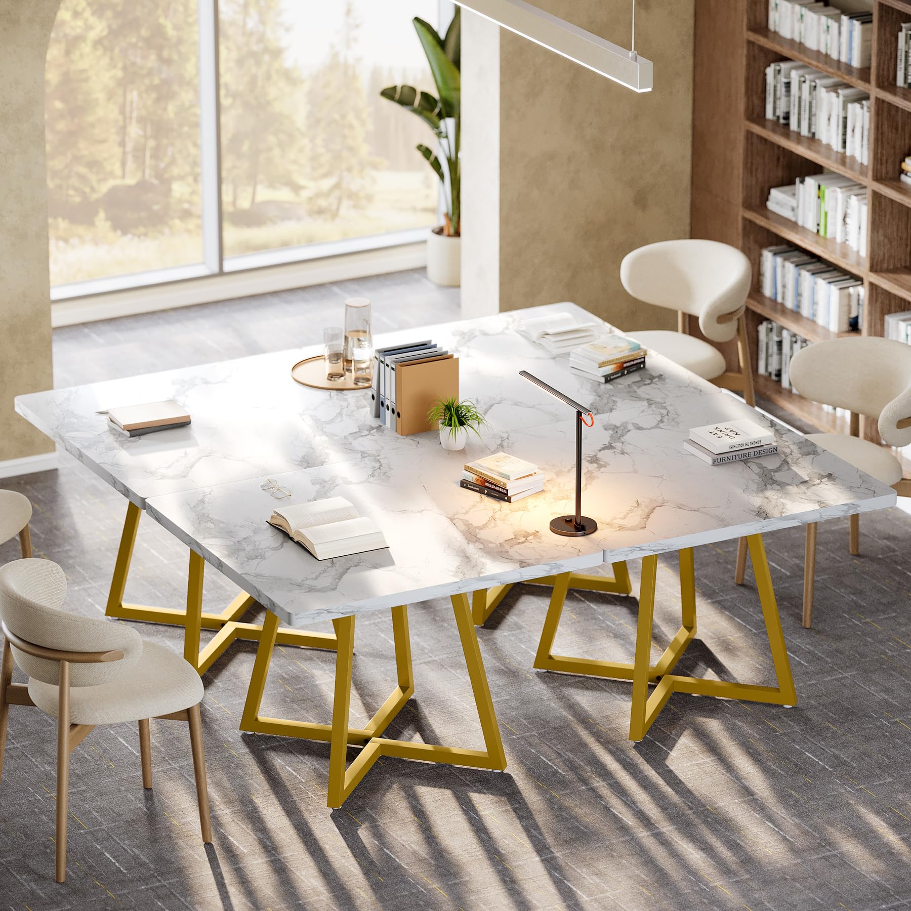 31.5" Square Conference Table Set of 6, 8 ft Industrial Office Meeting Table for 8-10 People, Business Podcast Furniture with Metal Base for Small Spaces, Office Conference, White & Gold