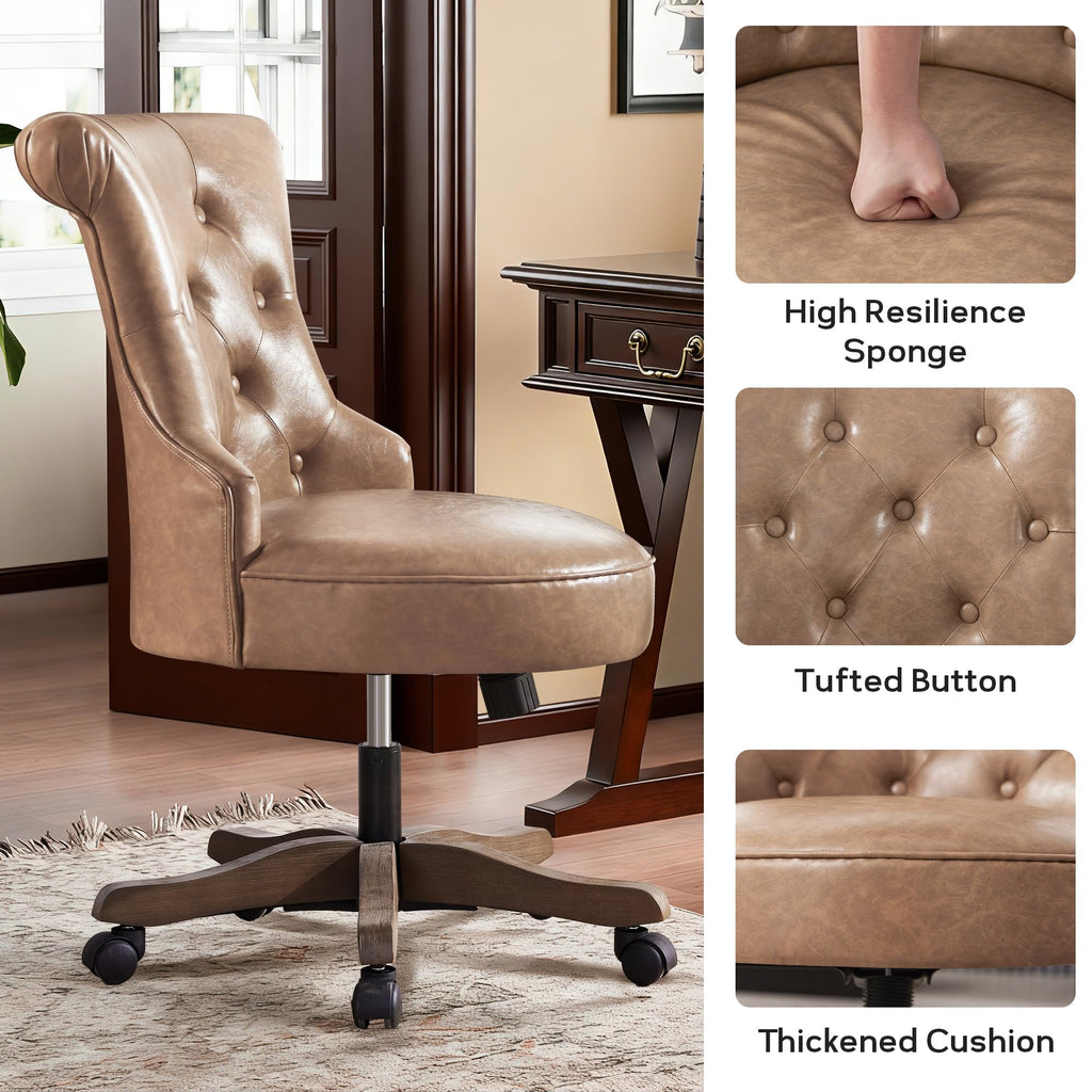 Home Office Chair Upholstered Faux Leather PU Armless Desk Chair with Wheels Adjustable Height Computer Desk Chair with Wooden Legs Comfortable Swivel Chair for Study Studio (Light Brown)