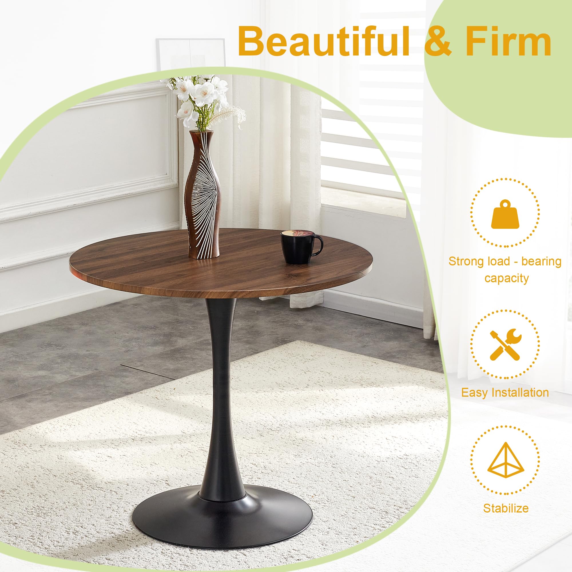 Round Tulip Dining Table, 31.5" Circle Tulip Table with Thickened Tabletop & Metal Pedestal, Mid Century Modern Bistro Table for Kitchen, Small Places, Living Room