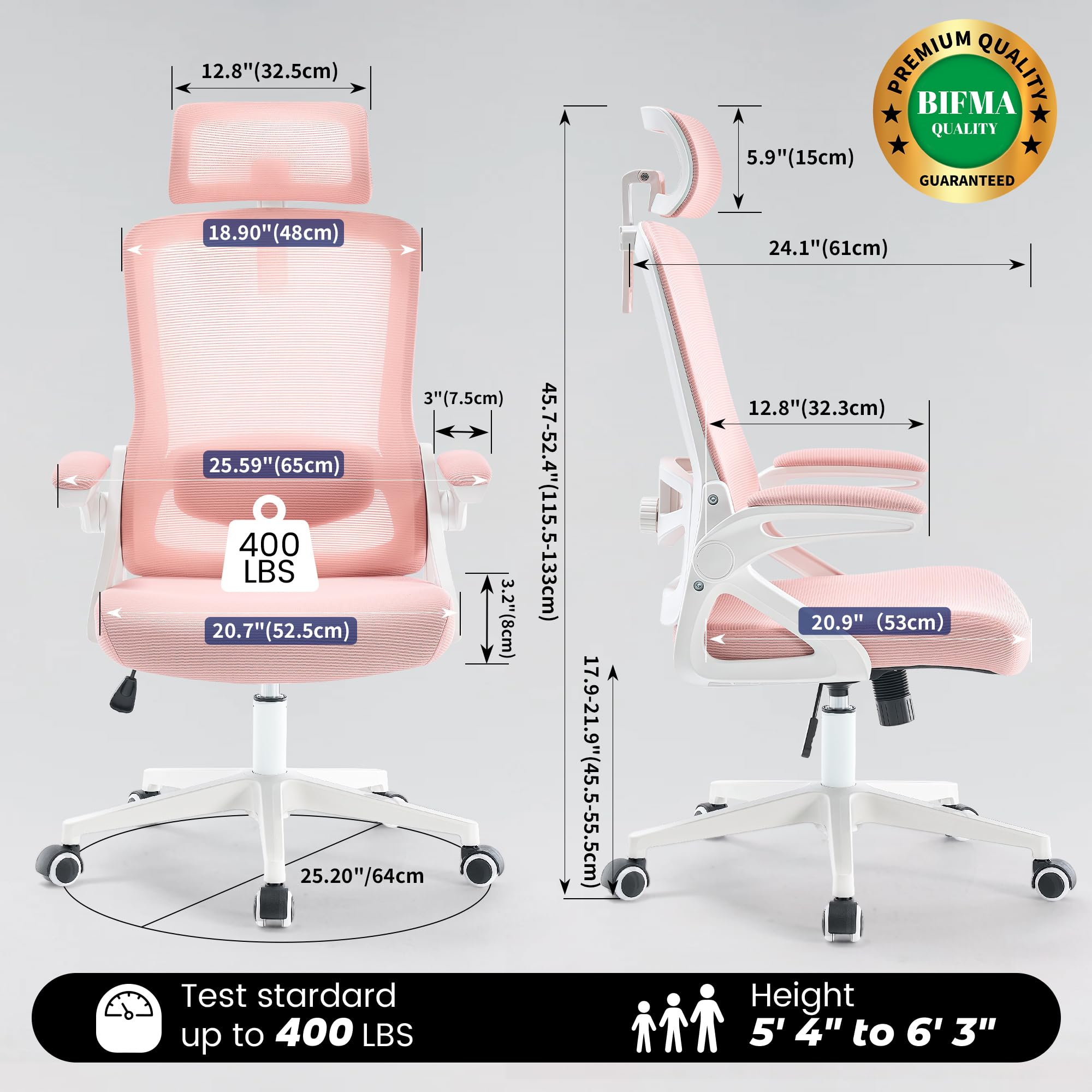 Ergonomic Office Chair, 400 LBS Desk Chair with Adjustable Lumbar Support, High Back Breathable Mesh Computer Chair Rolling Work Swivel Task Chairs, Comfy Home Office Desk Chair (Pink)