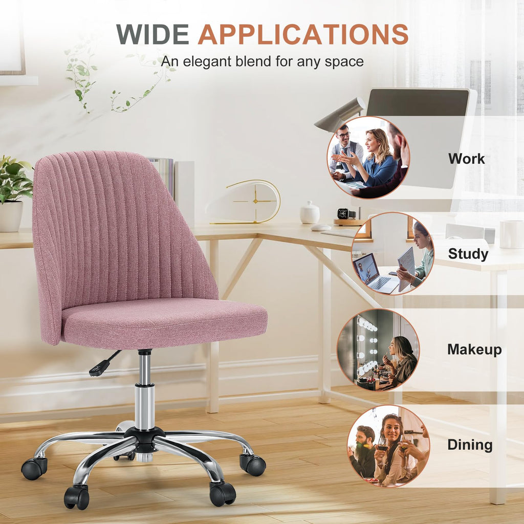 Office Desk Chair, Modern Cute Rolling Vanity Swivel Task Seating with Wheels, Comfortable Back Seat Armless for Home, Bedrooms, Study, Student, Adults, Make-Up, Dressing Room Dusty Rose