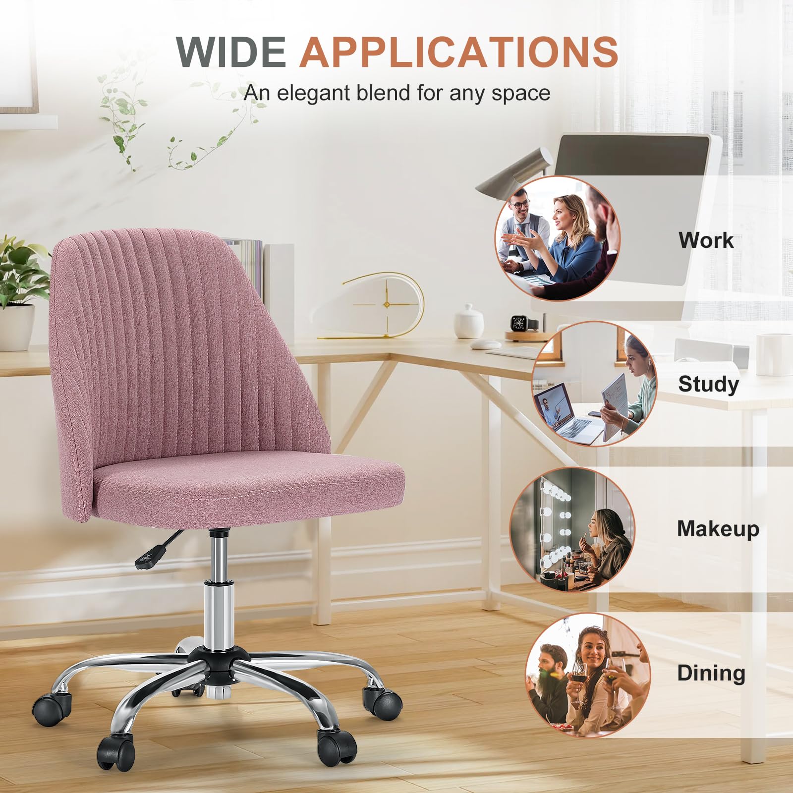 Office Desk Chair, Modern Cute Rolling Vanity Swivel Task Seating with Wheels, Comfortable Back Seat Armless for Home, Bedrooms, Study, Student, Adults, Make-Up, Dressing Room Dusty Rose