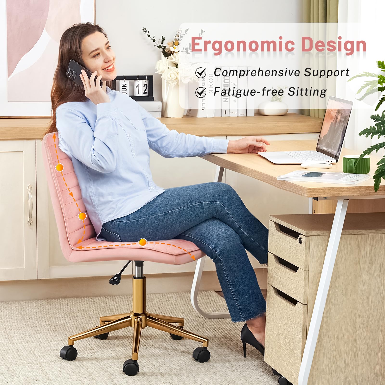 Armless Vanity Chair with Wheels, Computer Rolling Desk Chair with Back, Pink Office Chair with Height Adjustable Soft Velvet Fabic Gold Metal Base Stool,Pink