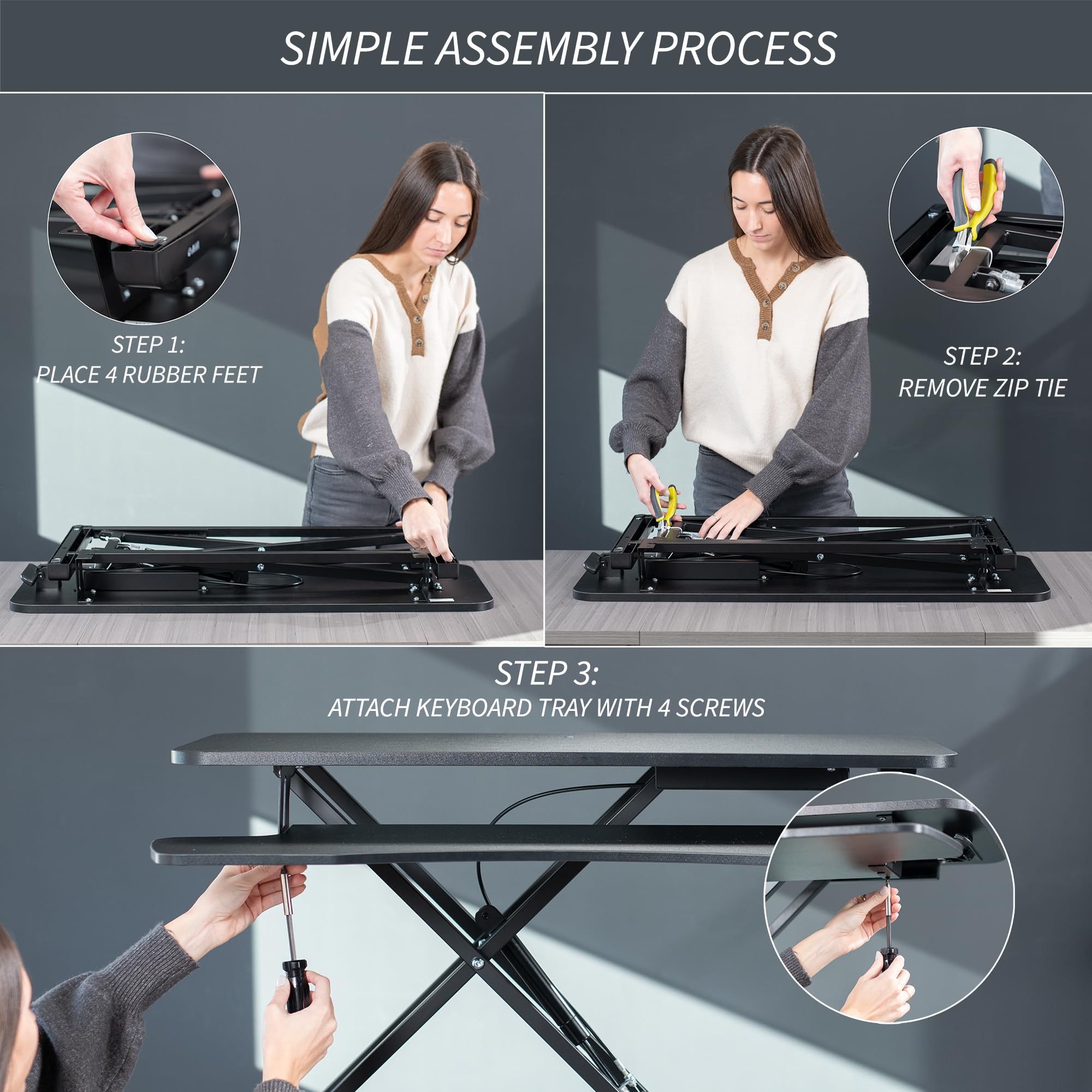 48 inch Desk Converter, K Series, Height Adjustable Sit to Stand Riser, Dual Monitor and Laptop Workstation with Wide Keyboard Tray, Black, DESK-V048KB