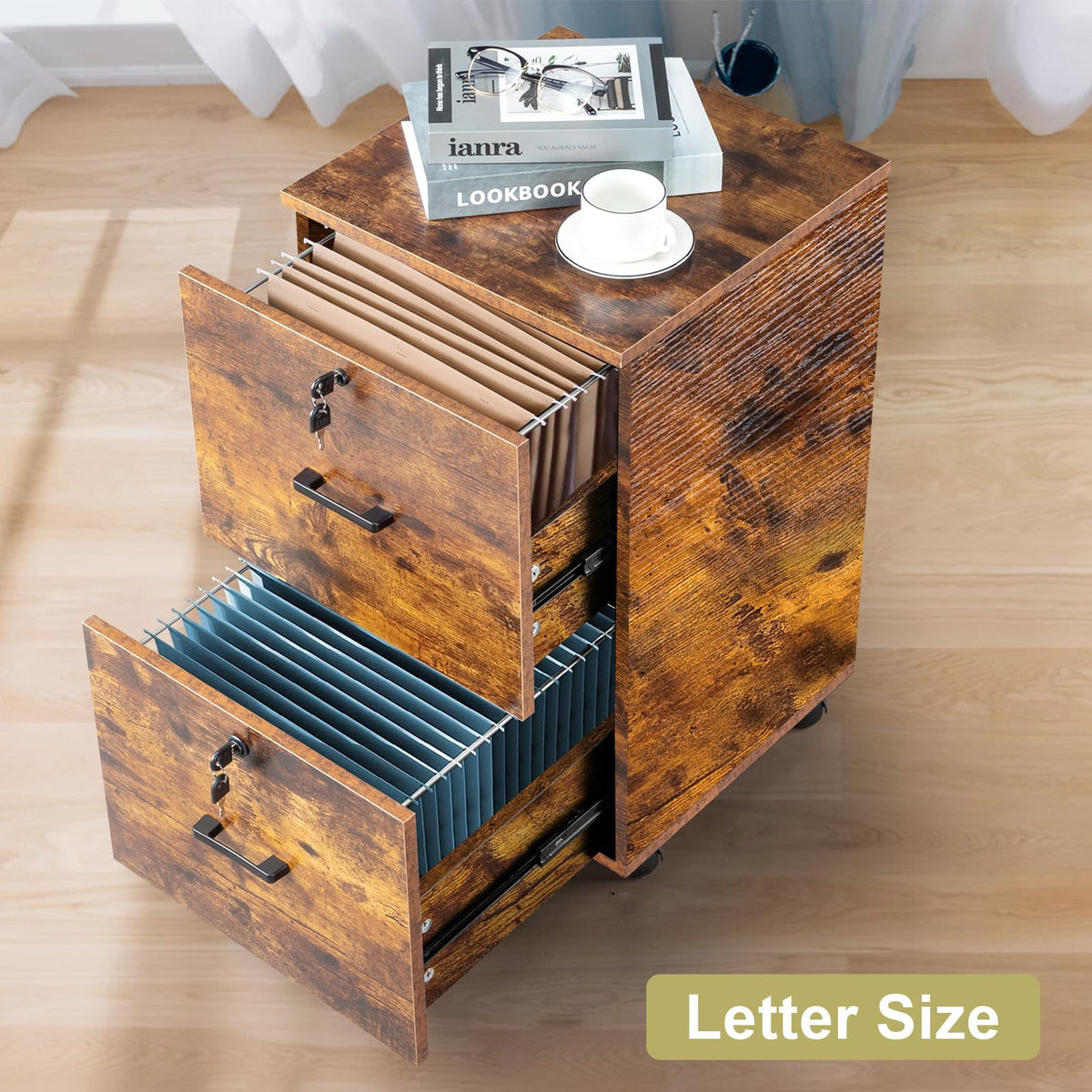 2-Drawer Small Rolling File Cabinet with Lock, Wood Filing Cabinet for Hanging Letter Size Filings with Tabs, Mobile Under Desk File Cabinets for Home Office, Rustic Brown, 27.2" H