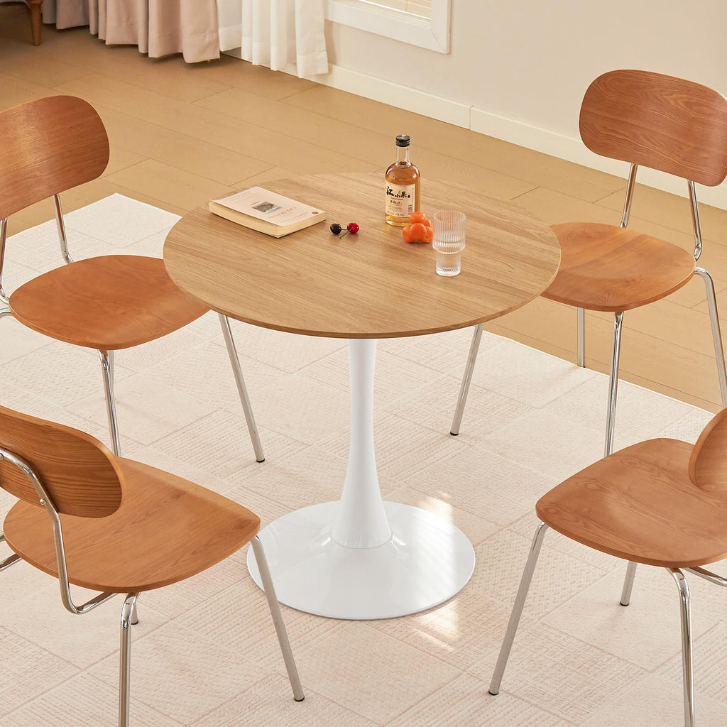 Hansweld Round Dining Table, 31.5" Circle Tulip Table with Thickened Tabletop & Metal Pedestal, Mid Century Modern Bistro Table for Kitchen, Small Places, Living Room, Cafe (Faux Oak)