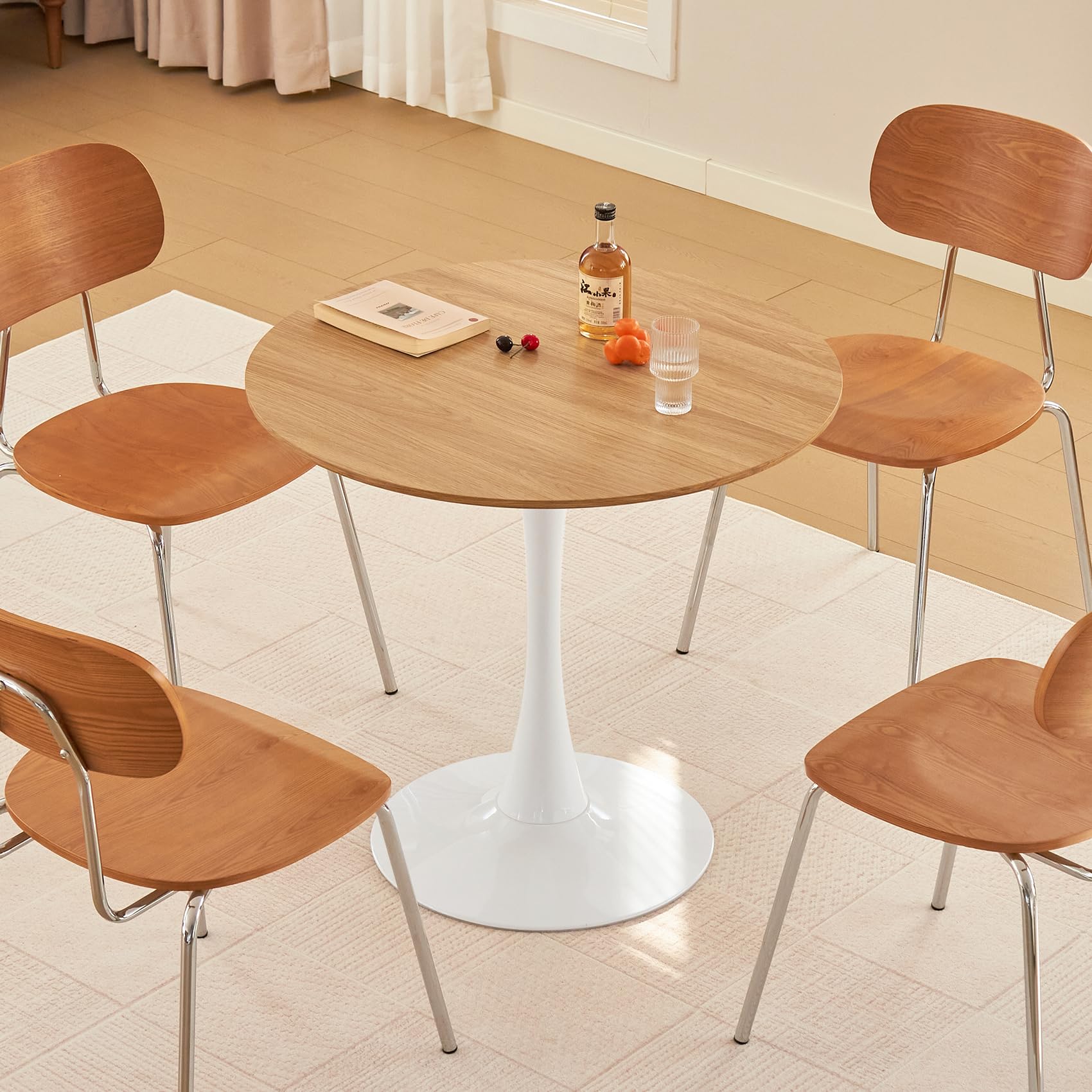 Hansweld Round Dining Table, 31.5" Circle Tulip Table with Thickened Tabletop & Metal Pedestal, Mid Century Modern Bistro Table for Kitchen, Small Places, Living Room, Cafe (Faux Oak)