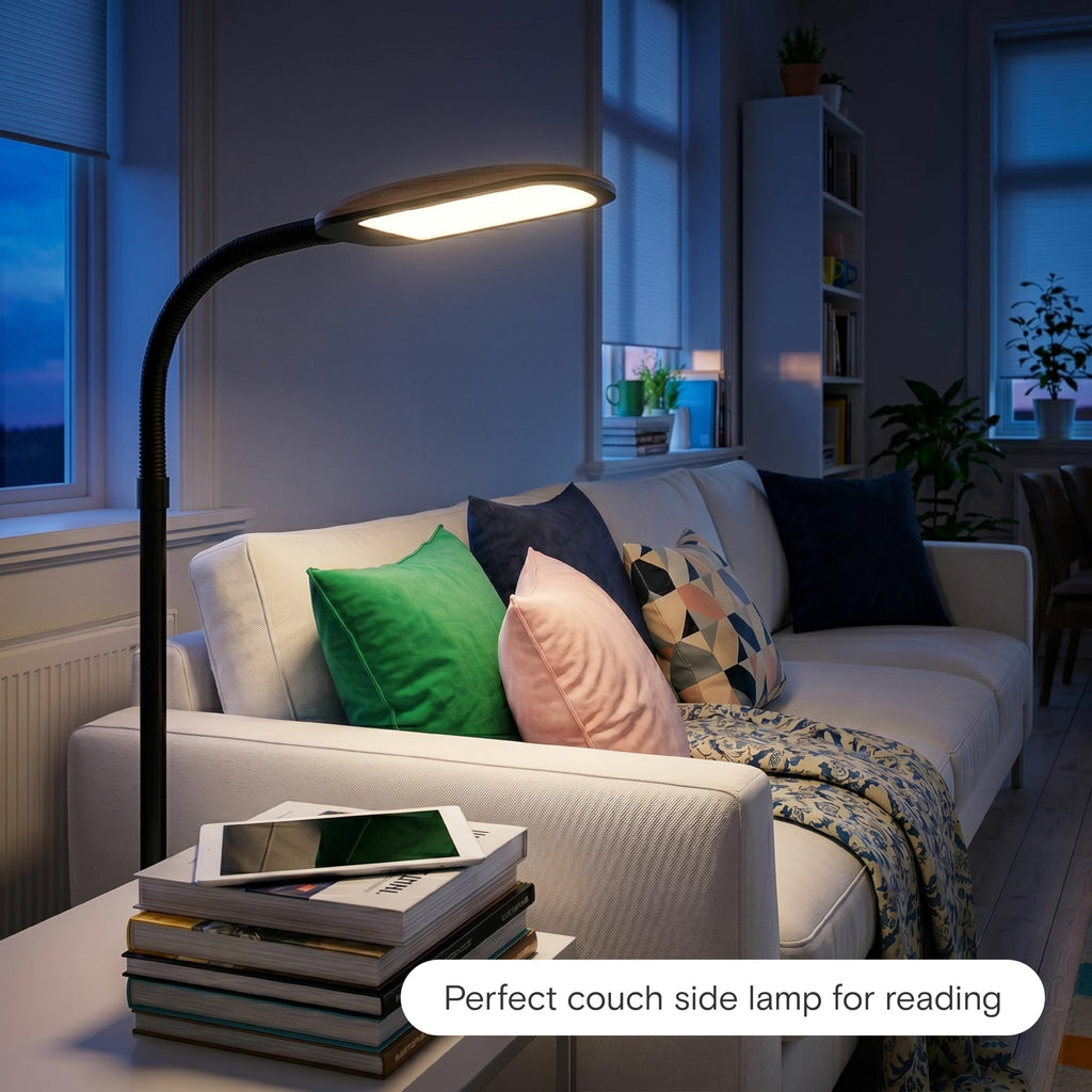 Litespan Slim LED Floor Lamp - Modern Reading Light Over Chair for Living Rooms & Offices, Tall With Adjustable Gooseneck, Crafts Work Light, Dimmable Standing for Bedroom - Wood