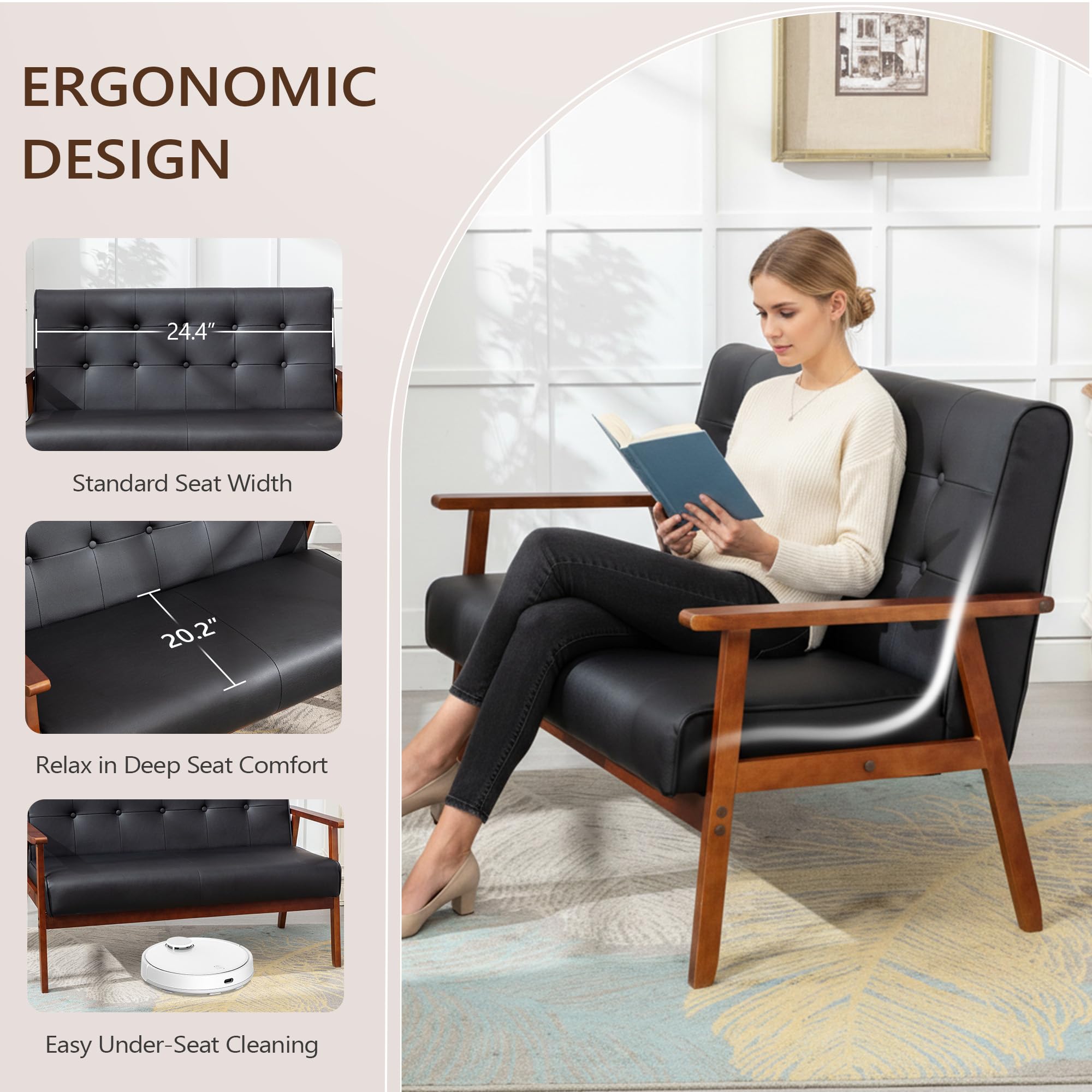 Mid-Century Modern Solid Loveseat Sofa Upholstered Faux Leather Couch 2-Seat Wood Armchair Living Room/Outdoor Lounge Chair, Waiting Room Sofa, 50”W