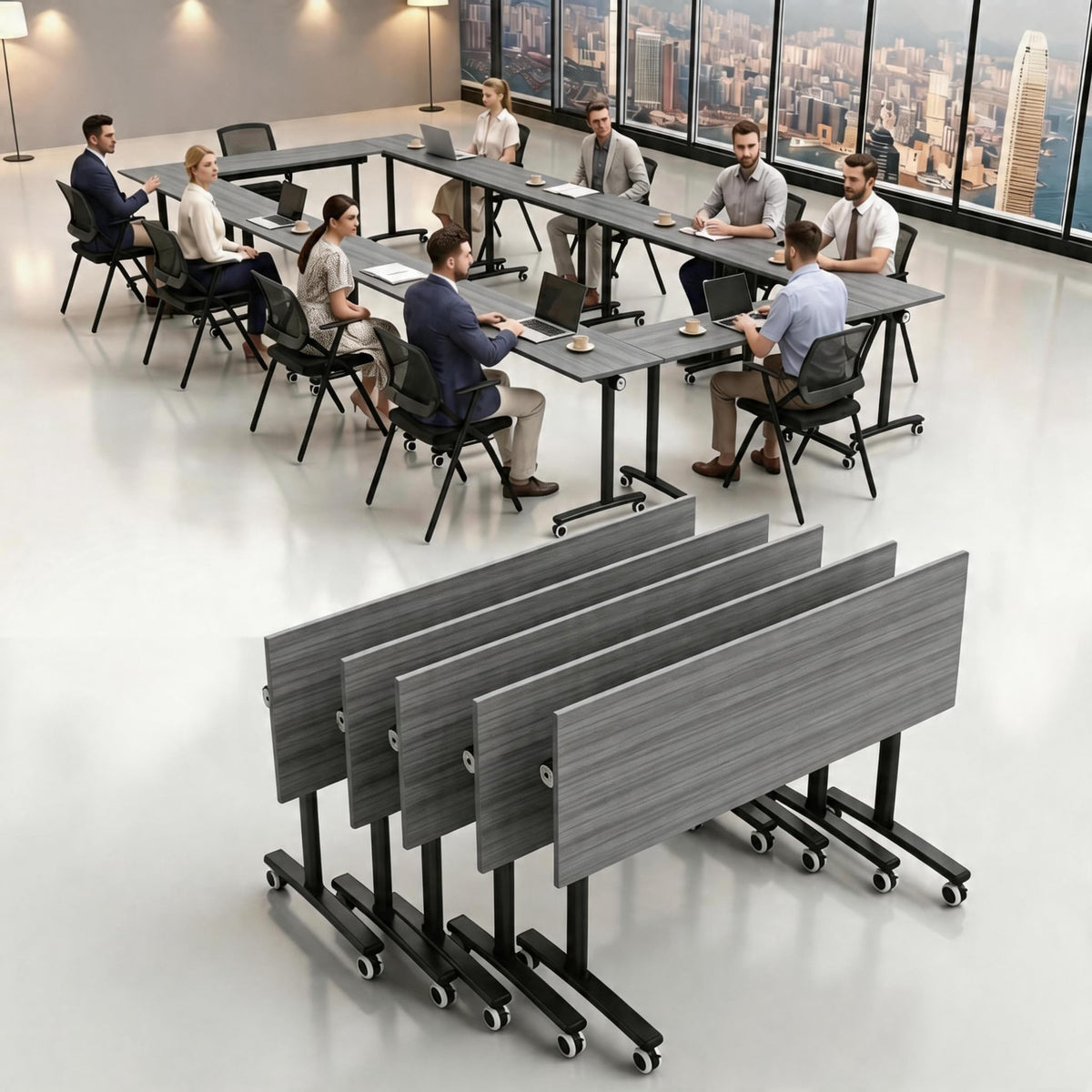 2 Pack Flip Top Training Table with Lockable Wheels, Mobile Nesting Folding Conference Table, Space Saving Seminar Desk for Classroom, Office, Library (Gray, 47"×16"×30")