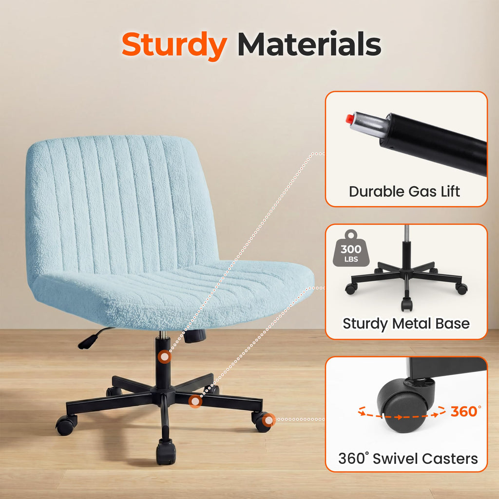 Criss Cross Chair Wheels Vanity Chair Office Desk Comfy Wide Cross Legged Armless Teddy Fabric Adjustable Swivel for Home Computer Task (Blue, Teddy Fleece)