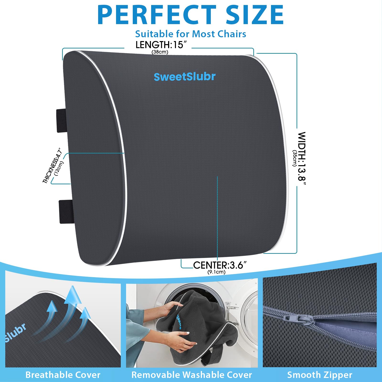 Large Lumbar Support Pillow for Office Chair, Car Seats and Home Desks, Ergonomic Back Support with Double Adjustable Straps, Machine Washable Cover (Gray,XL)
