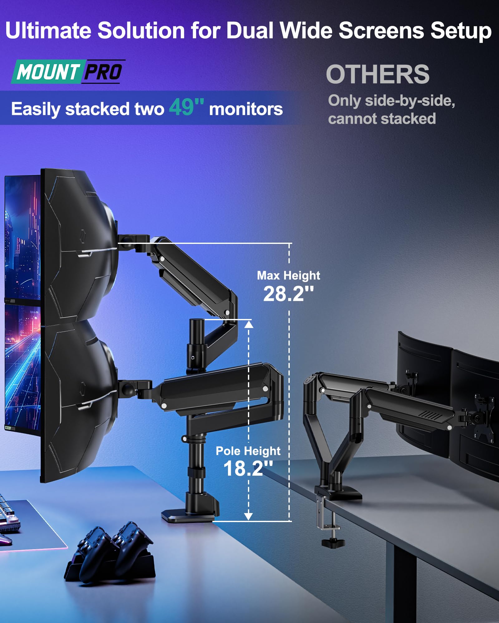 Dual Monitor Arm for Max 49" Ultrawide Screens up to 44 lbs, Heavy Duty Extra Tall Monitor Desk Mount, Vertical Stacked Adjustable Dual Monitor Mount, VESA Mount 75x75mm/100x100mm