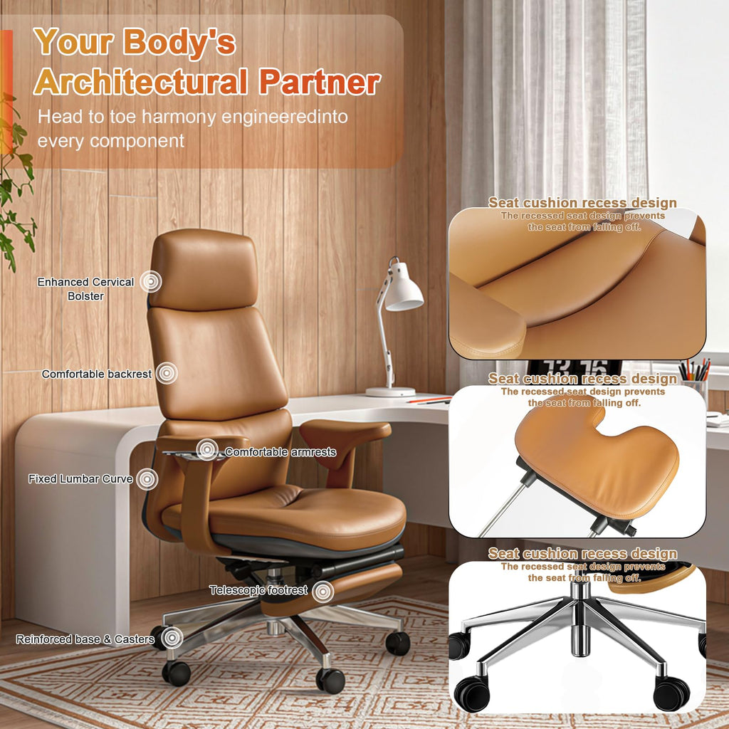 Genuine Leather Office Chair with Flexible Footrest, High Back Executive Office Chair with Lumbar Support, Adjustable Tilt Mechanism, Weight Capacity 400 lbs (Brown)