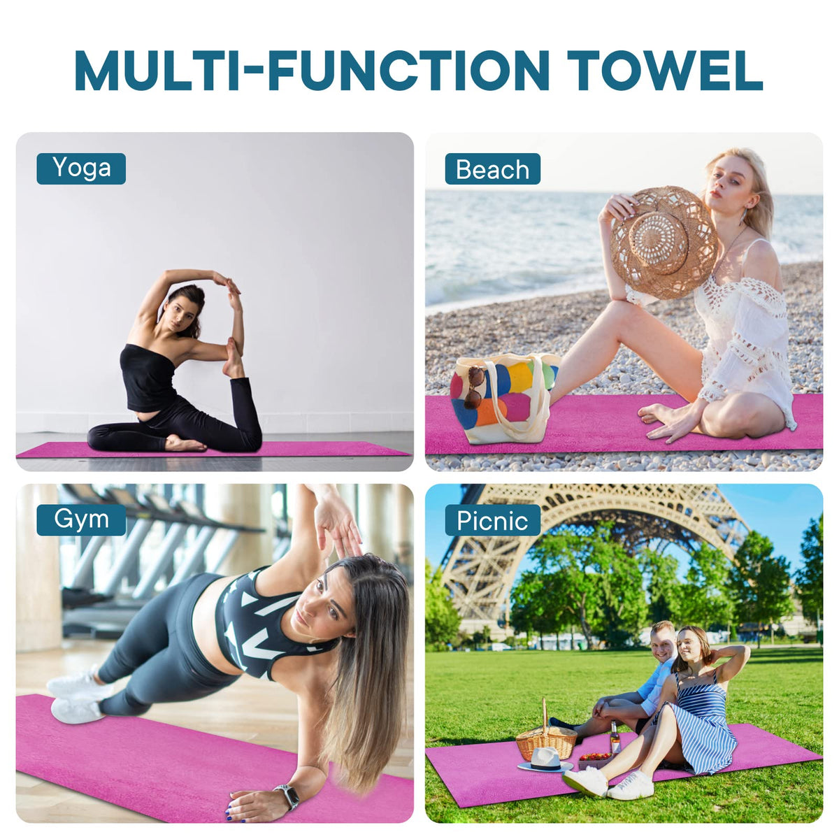 Yoga Towels, Non Slip Hot Yoga Mat Towel with Grip Dots,Super-Absorbent Soft Microfiber Yoga Blanket for Pilates, Fitness and Workout 72inch x 24inch (Hot Pink)