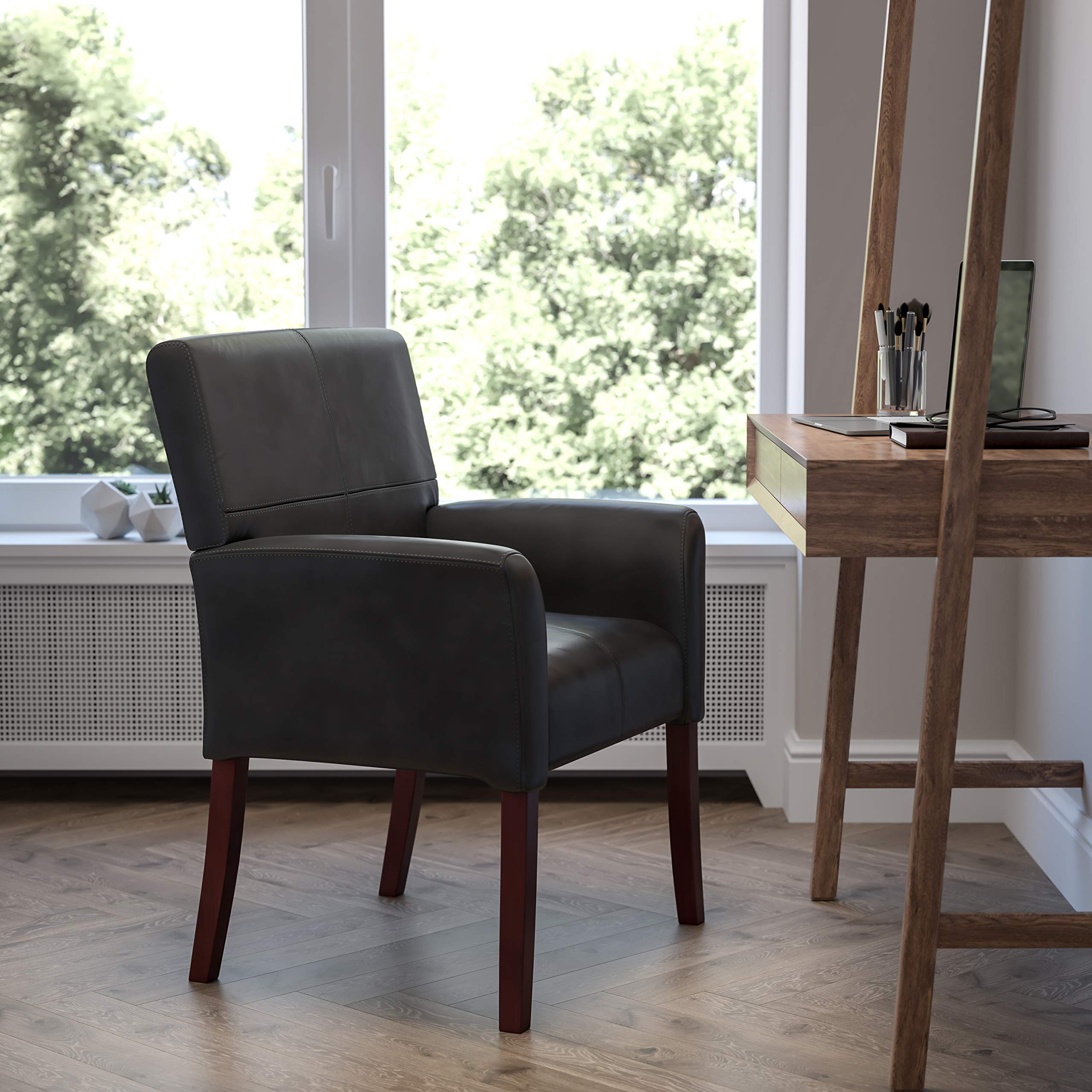 LeatherSoft Upholstered Executive Side Reception Chair, Lobby Chair with Cushions and Padded Arms, Black